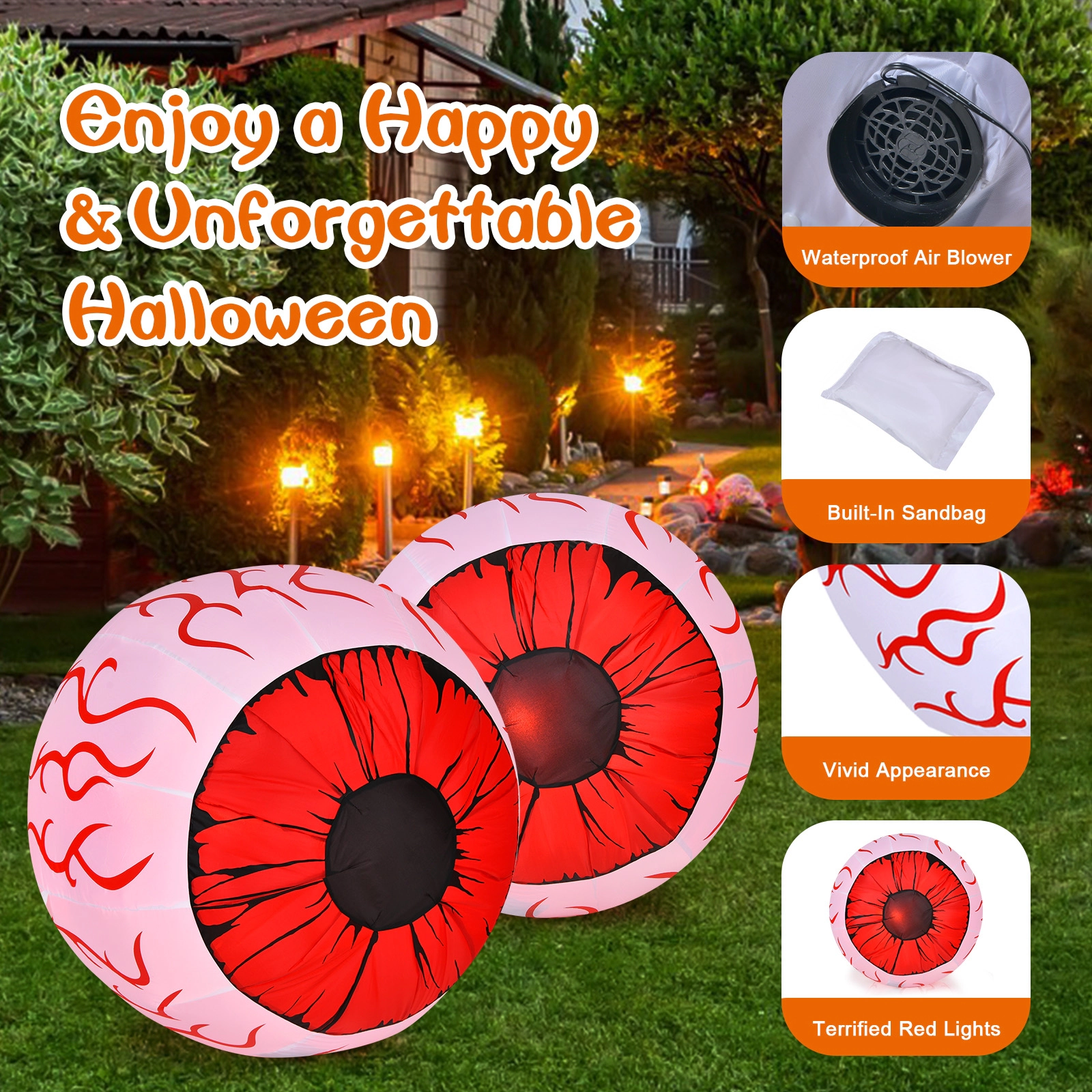 Glintex 2-Pack 3-Ft Halloween Inflatable Eyeballs with Red LED Lights, Red