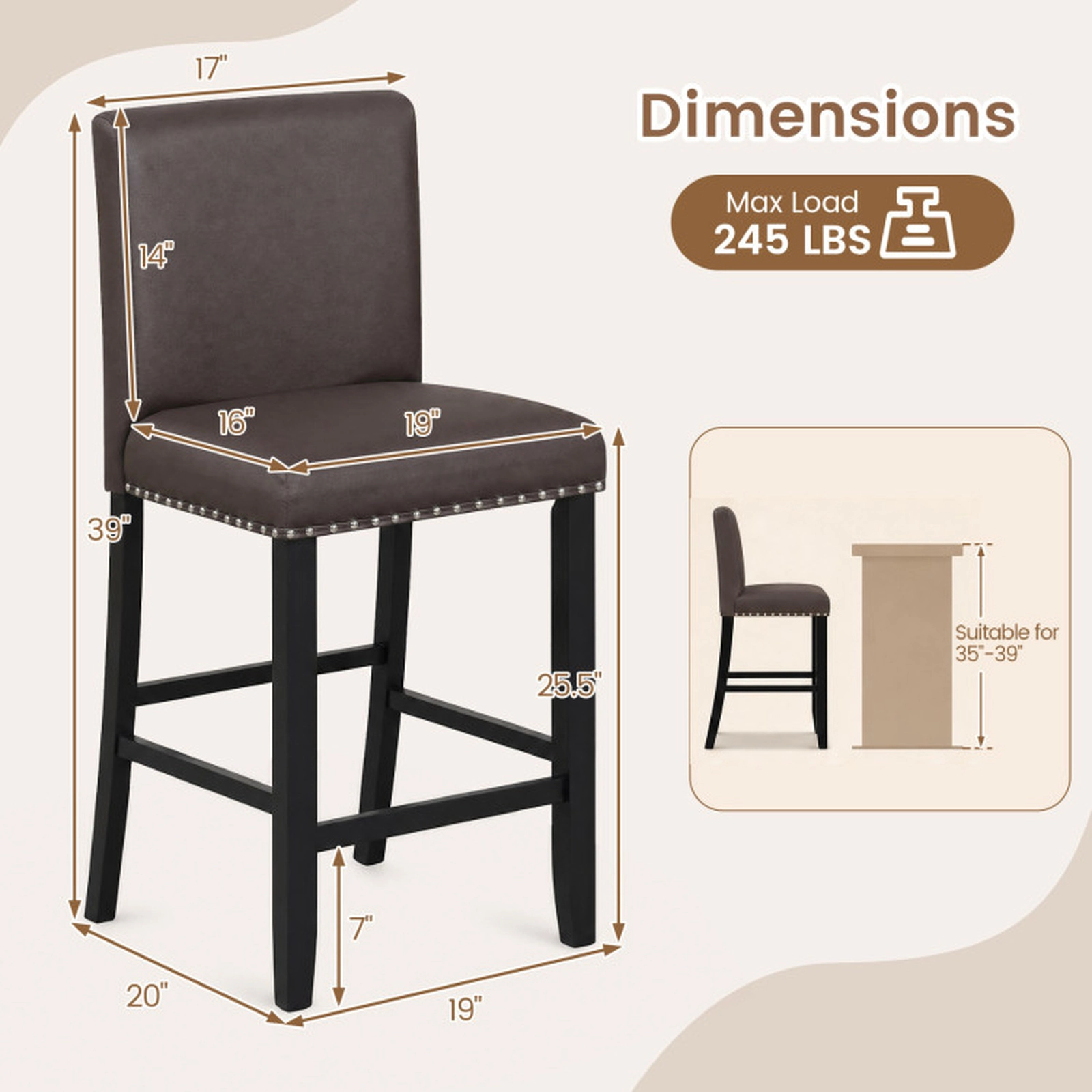 SUGIFT Set of 4 PVC Leather Nailhead Trim Counter Height Bar Stools 19-in x 20-in x 39-in 245-lb Capacity Brown