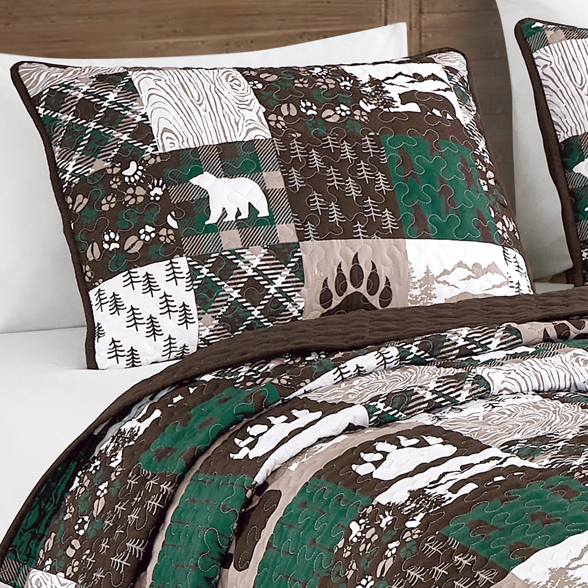 MarCielo 3 Piece Rustic Lodge Lightweight Quilt Set Bedspread – Patchwork Bear & Paw