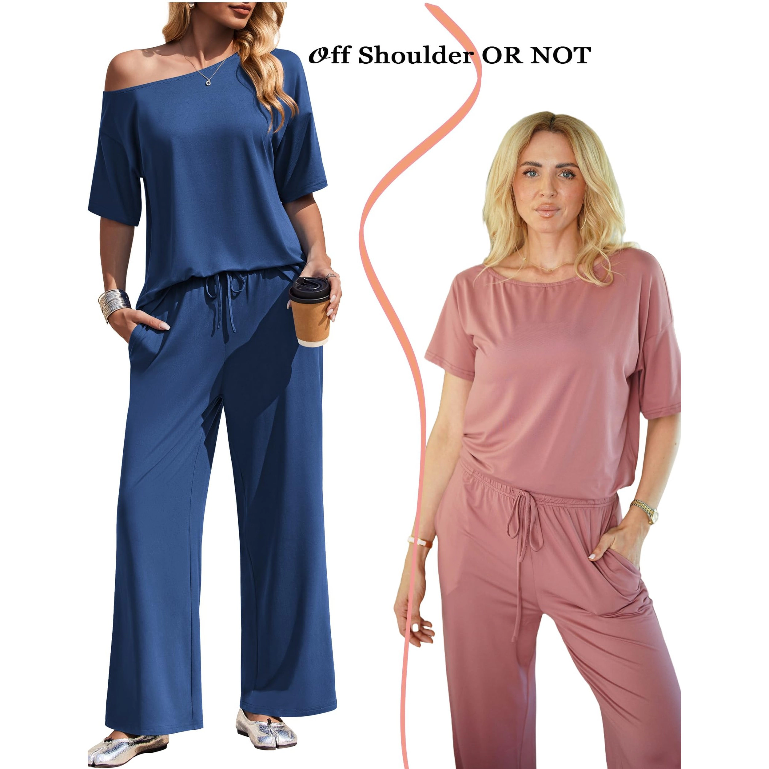 Ekouaer Lounge Sets Off Shoulder Tops and Long Pants Two Piece Set Summer Soft Matching Outfit