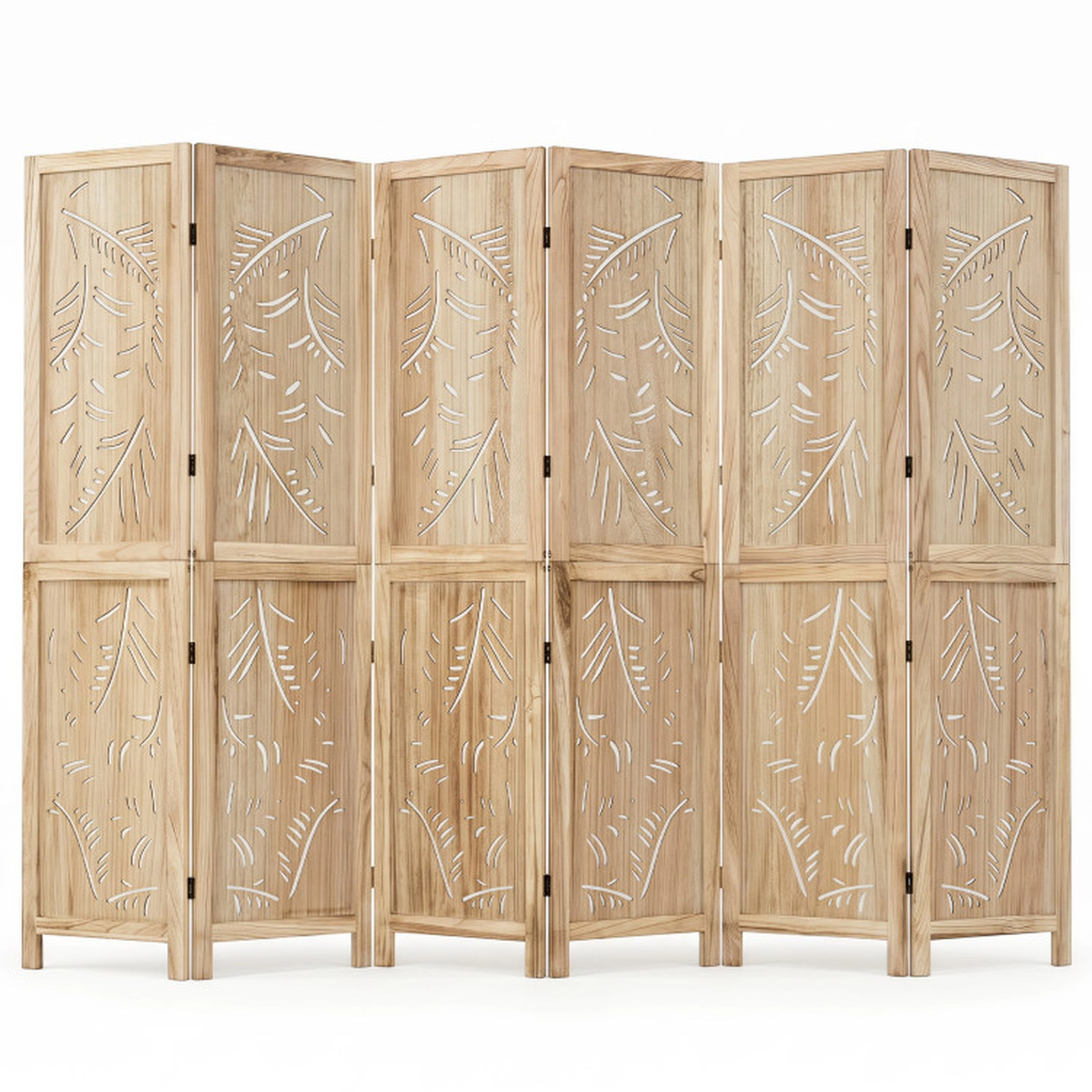 SUGIFT 6-Panel Carved Palm Leaf Wood Room Divider with Paulownia Frame and Raised Legs 95-in W 67-in H Natural