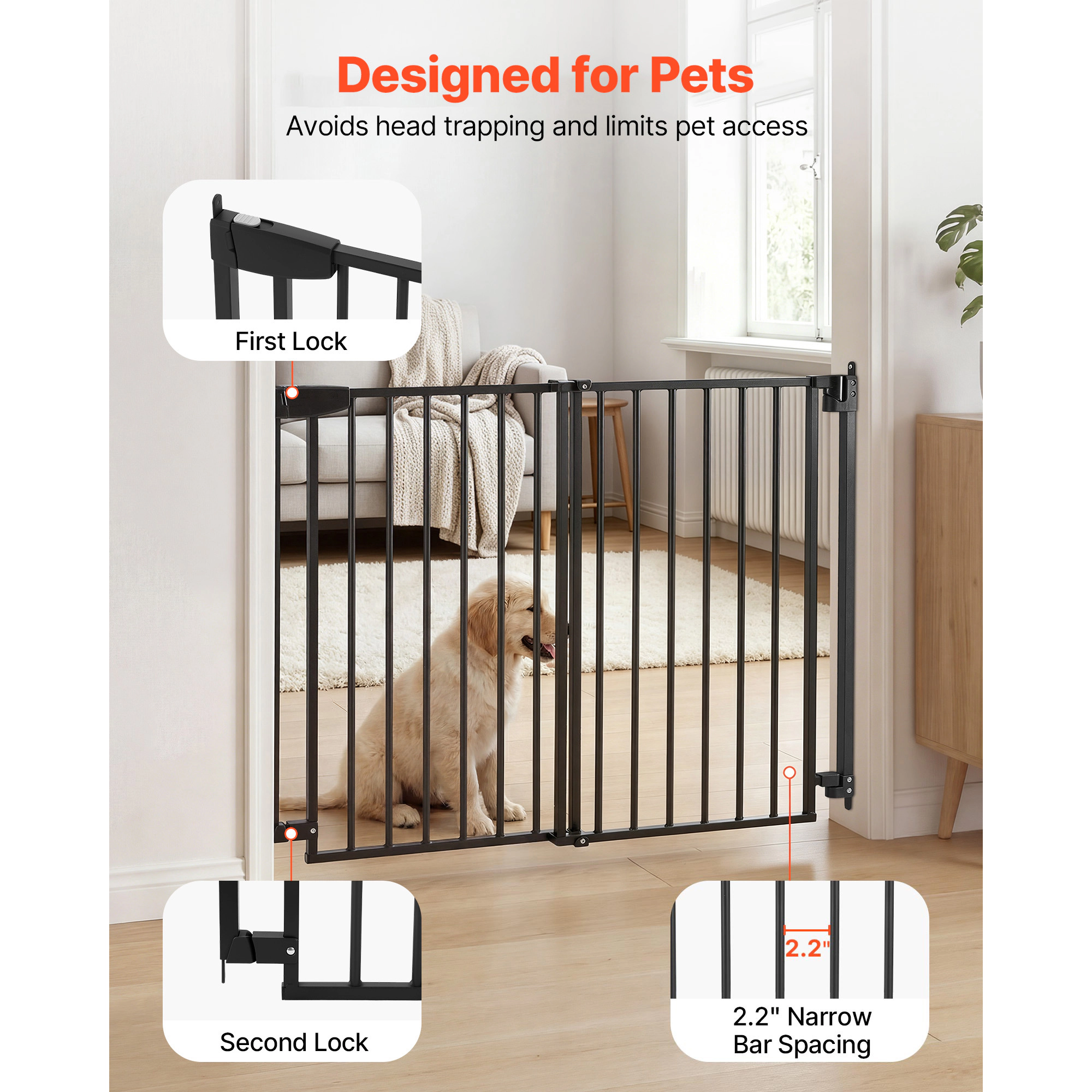 HONGGE Baby Gate for Stairs Adjustable Width Dog No Bottom Bar One-Handed Operation Easy Drilling Installation