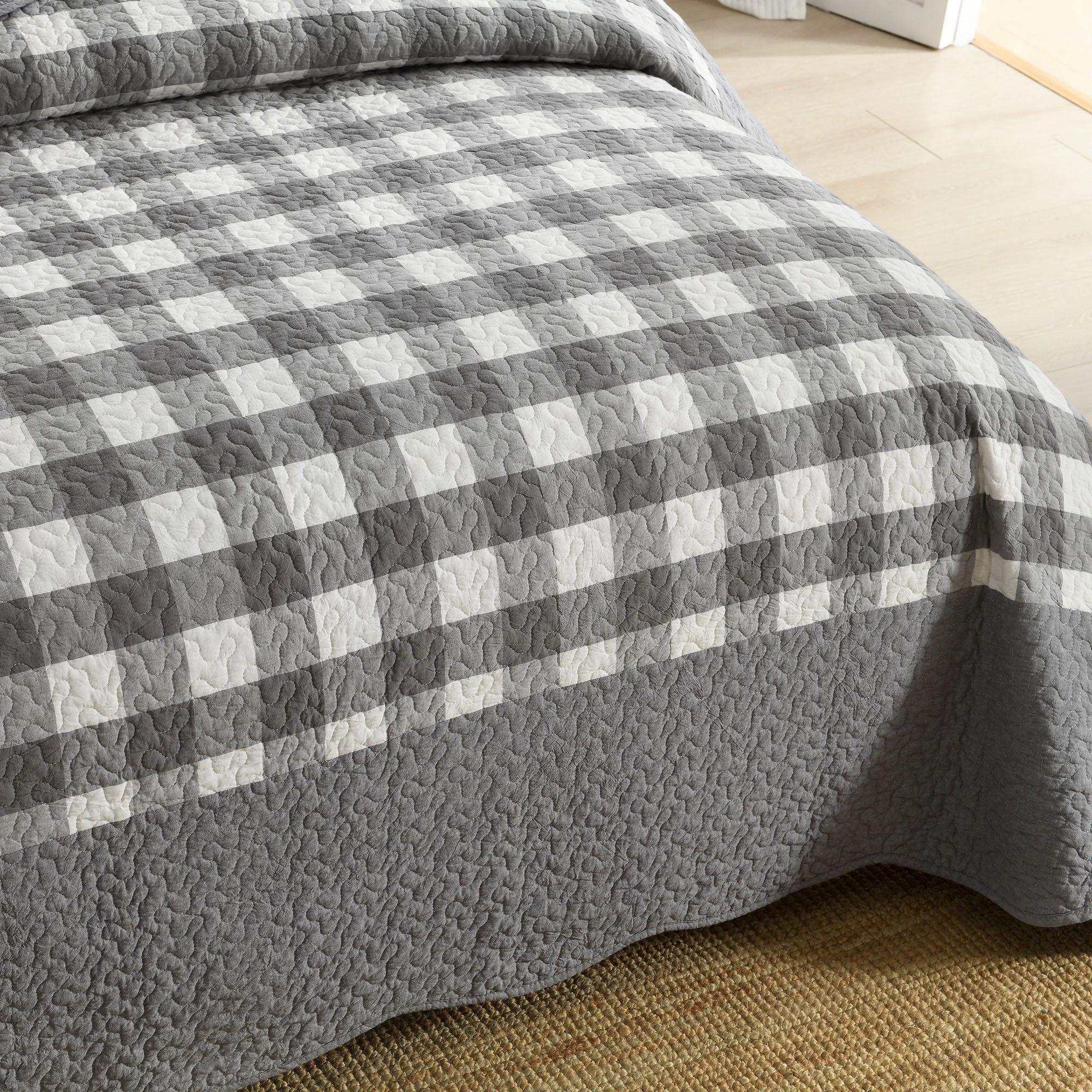 MarCielo 3 Pieces Gray and White Checkered Quilt Bedspread Set,Lightweight Bed Cover