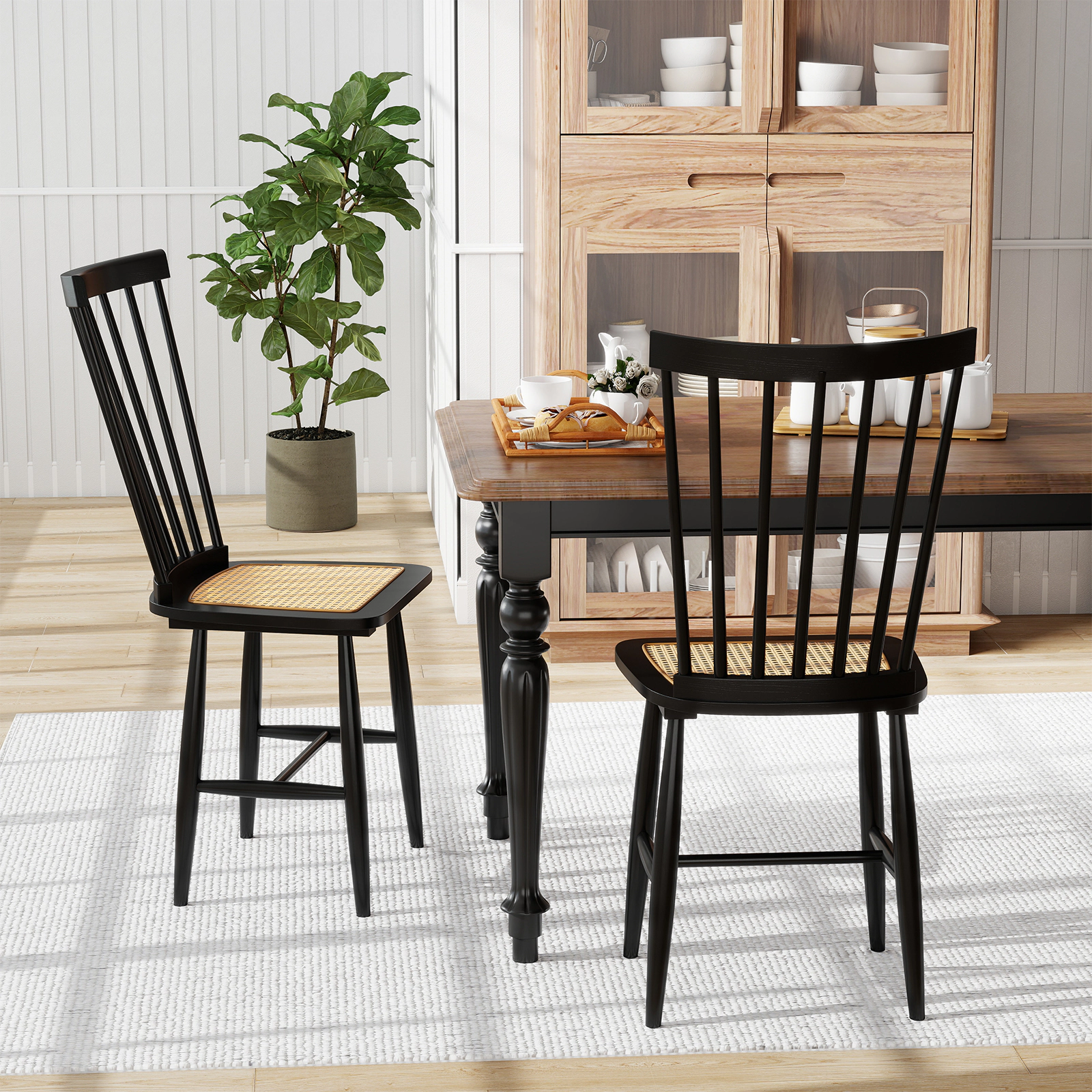 LJG Farmhouse Solid Rubber Wood Dining Chairs Set of 2 with PE Rattan Seats