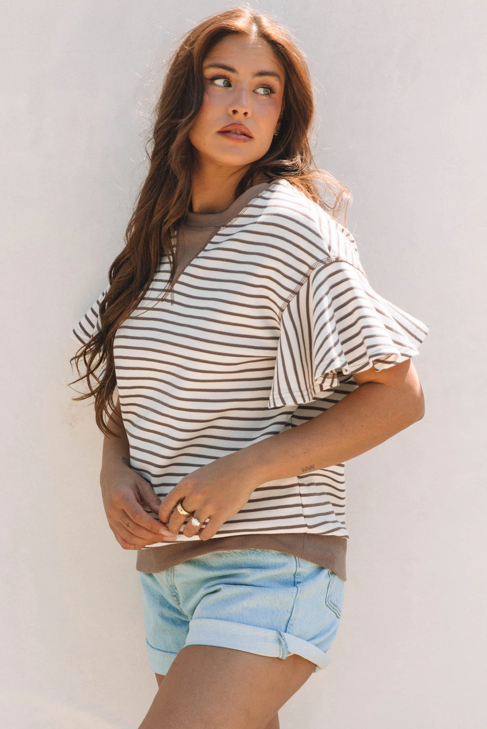 Threaded Pear Women's Alexia Striped Ruffle Short Sleeve Top