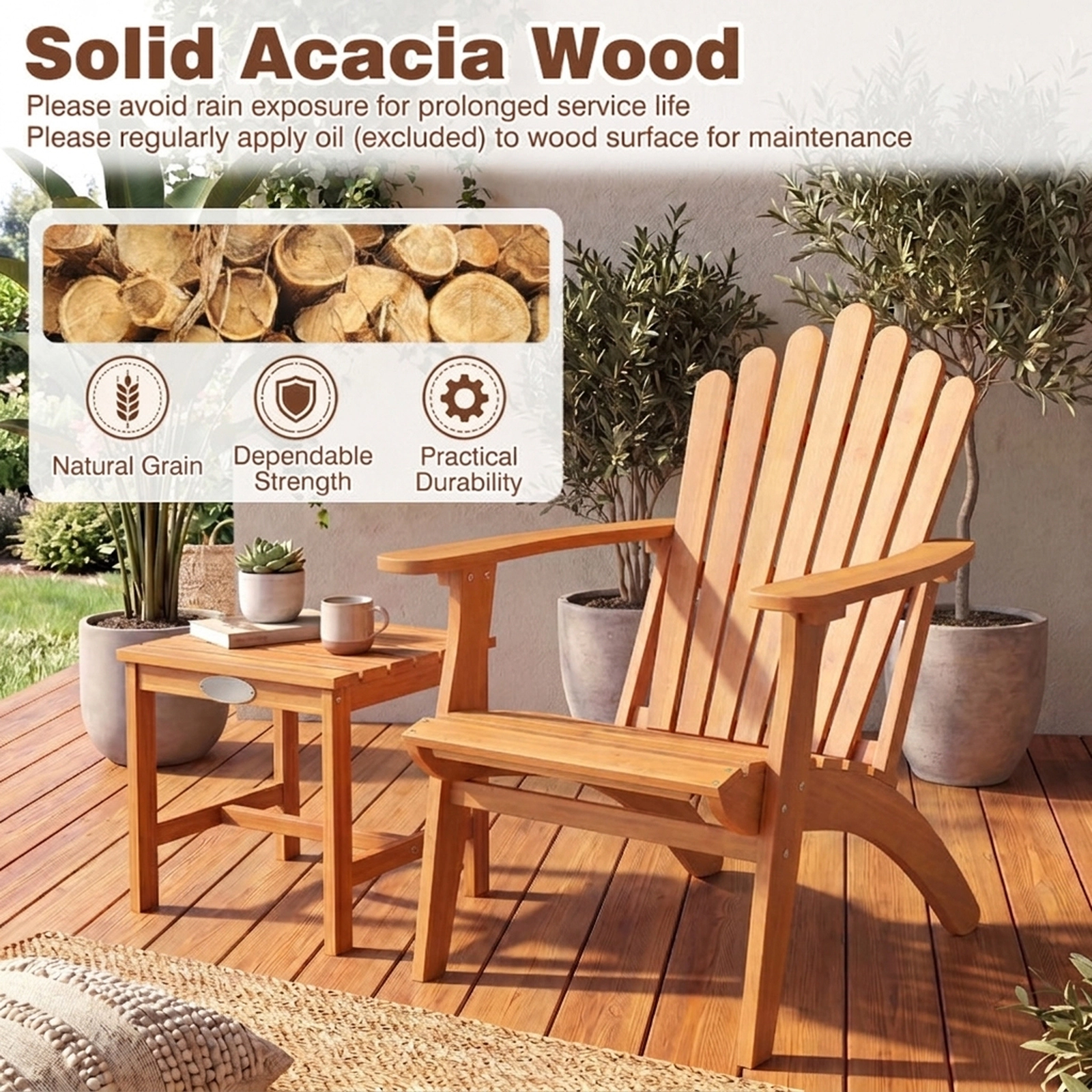 SUGIFT Solid Acacia Wood Adirondack Patio Chair 400-lb Capacity Frame 19.5 x 18 in Seat Natural Single Chair