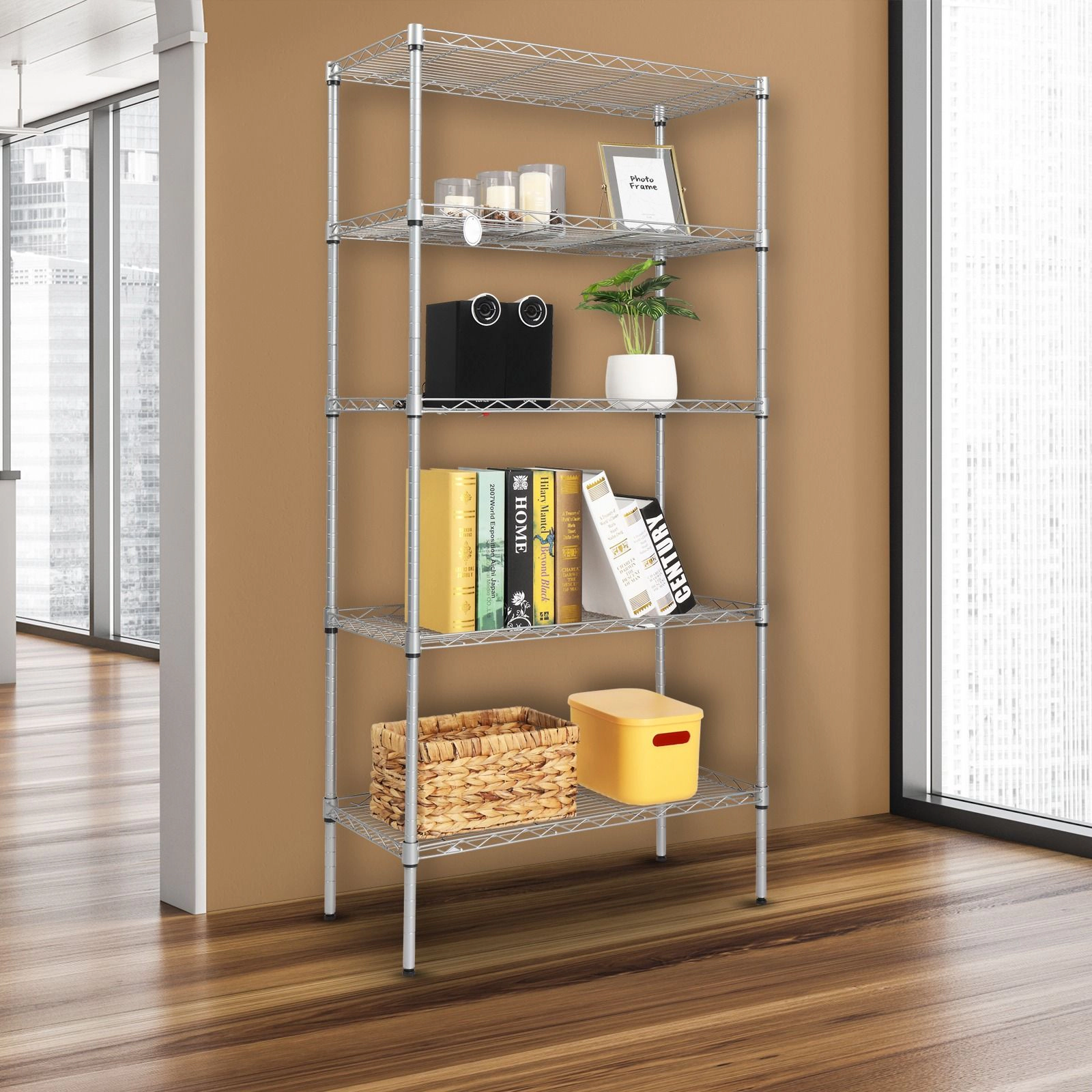 Flynama 5 Tier Rectangular Metal Shelving Silver Gray Heavy Duty Carbon Steel Adjustable Utility Rack for Garage