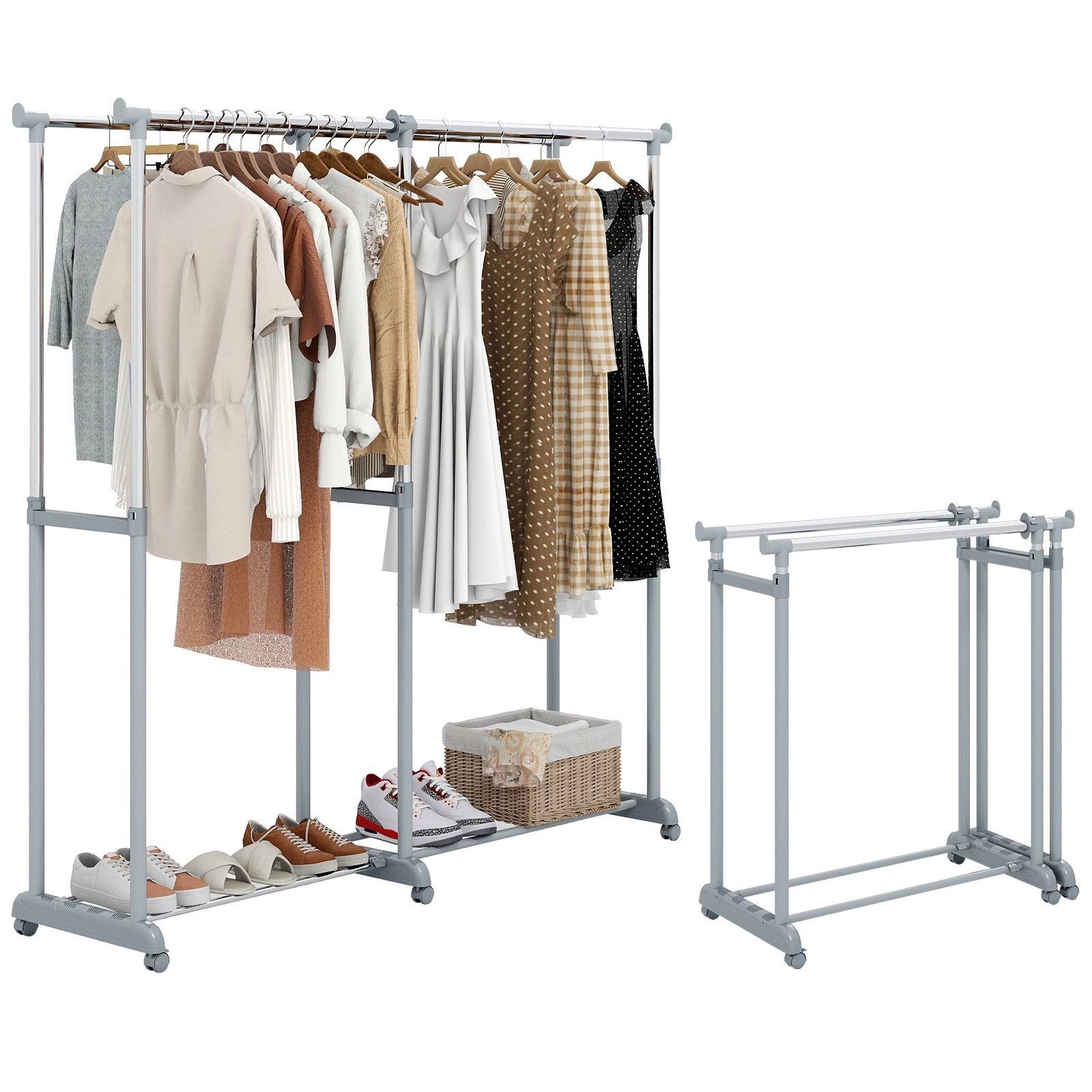 SlickBlue Adjustable Double Rod Clothes Rack with Wheels and Bottom Storage