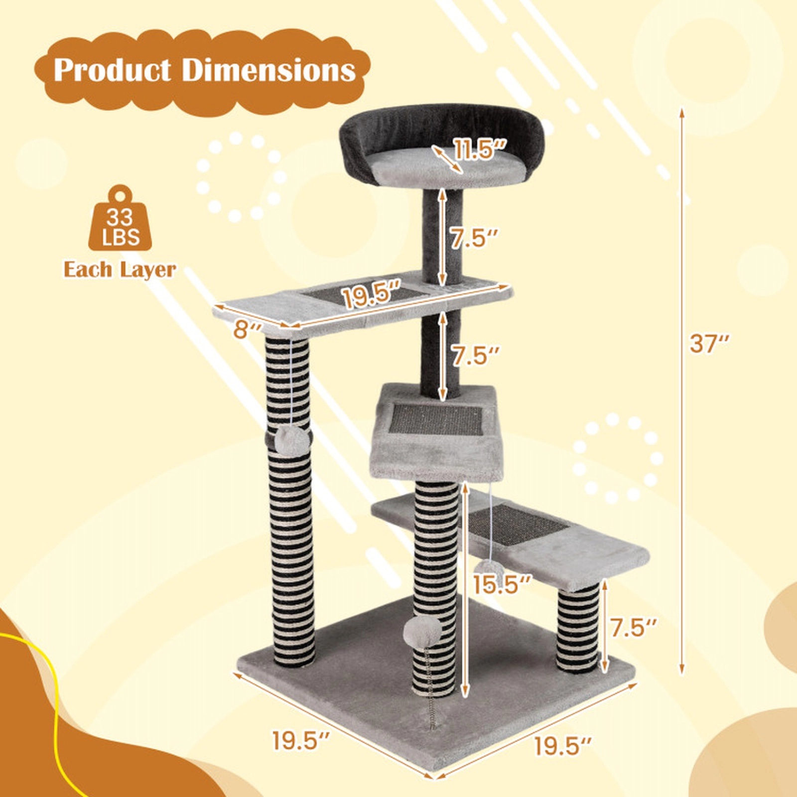 SUGIFT 37-in Gray Kitten Cat Tree Tower with Sisal and Jute Posts 3 Platforms and Padded Top Perch