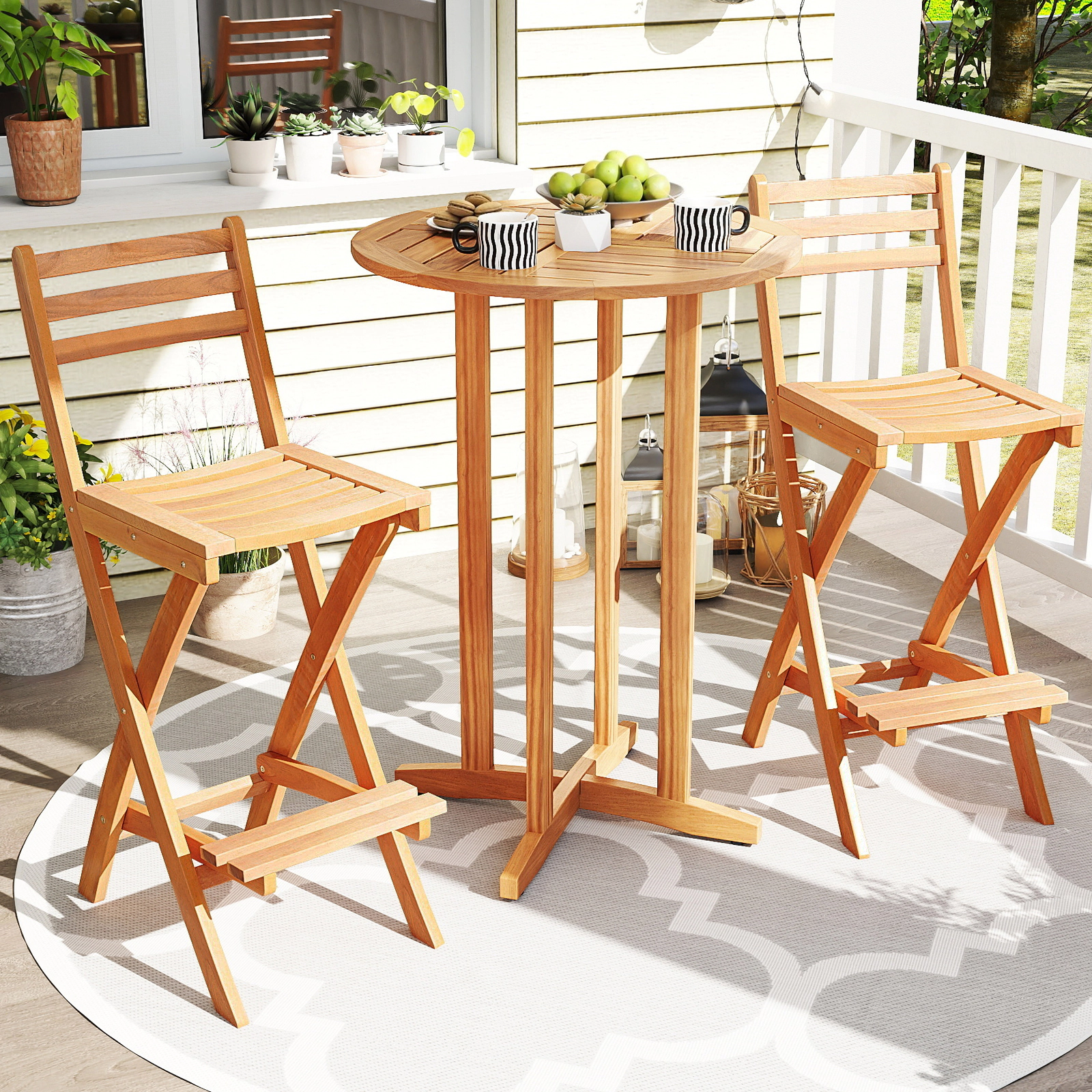 SUGIFT Folding Bar Height Patio Chair with Backrest and Footrest 400-lb Capacity Natural