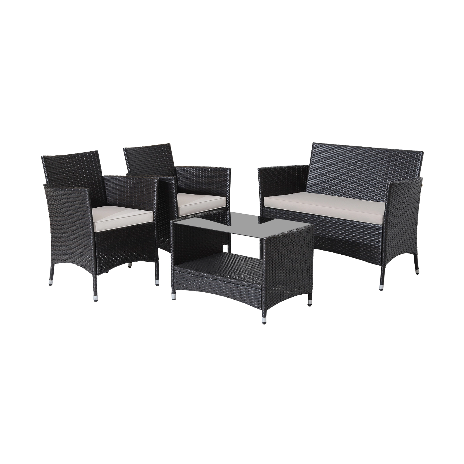 SUGIFT 4-Piece Mix Brown PE Rattan Patio Set with Loveseat, 2 Armchairs and Glass Coffee Table