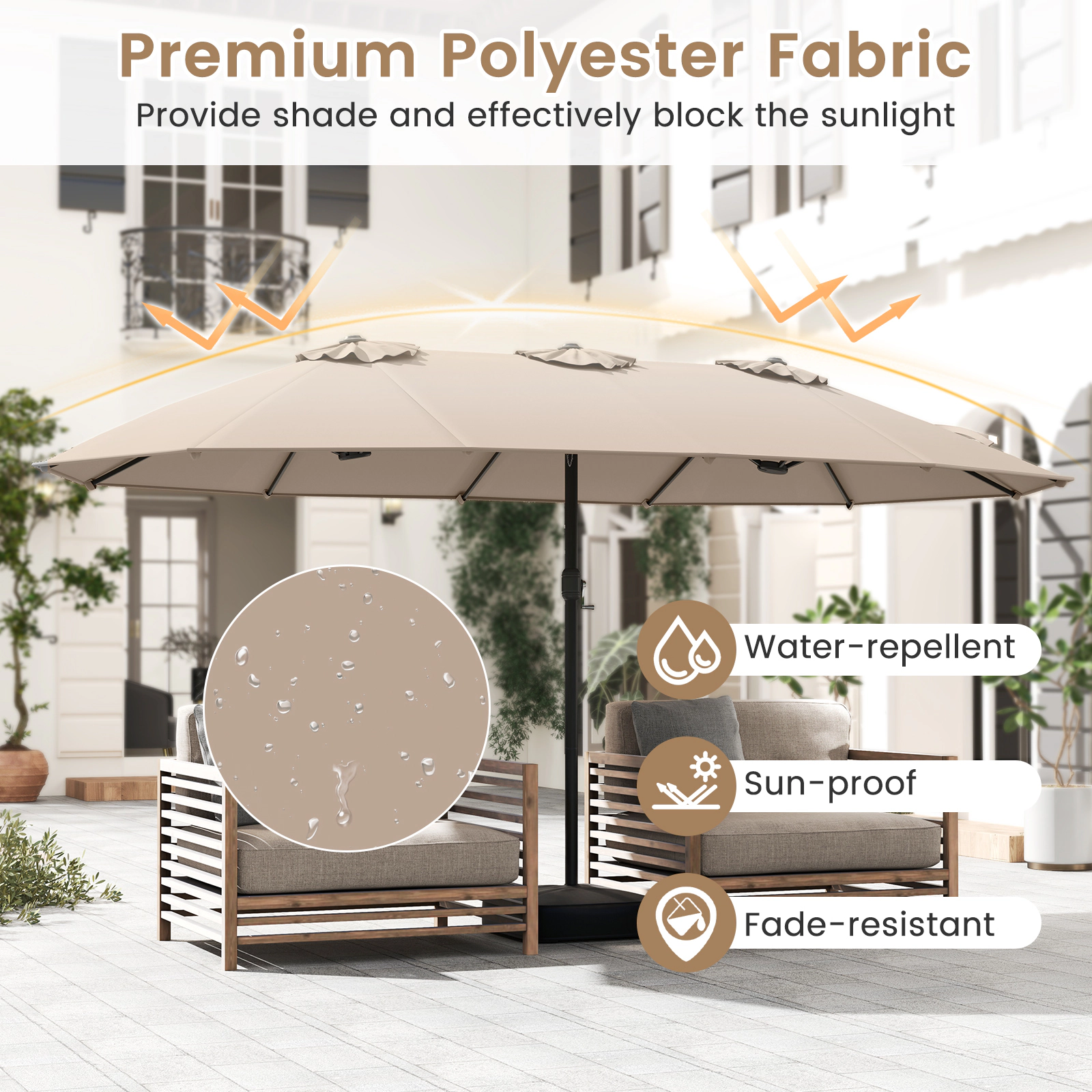 SUGIFT 15-ft Brown Rectangular Twin Patio Umbrella with Crank Lift and Cross Stand