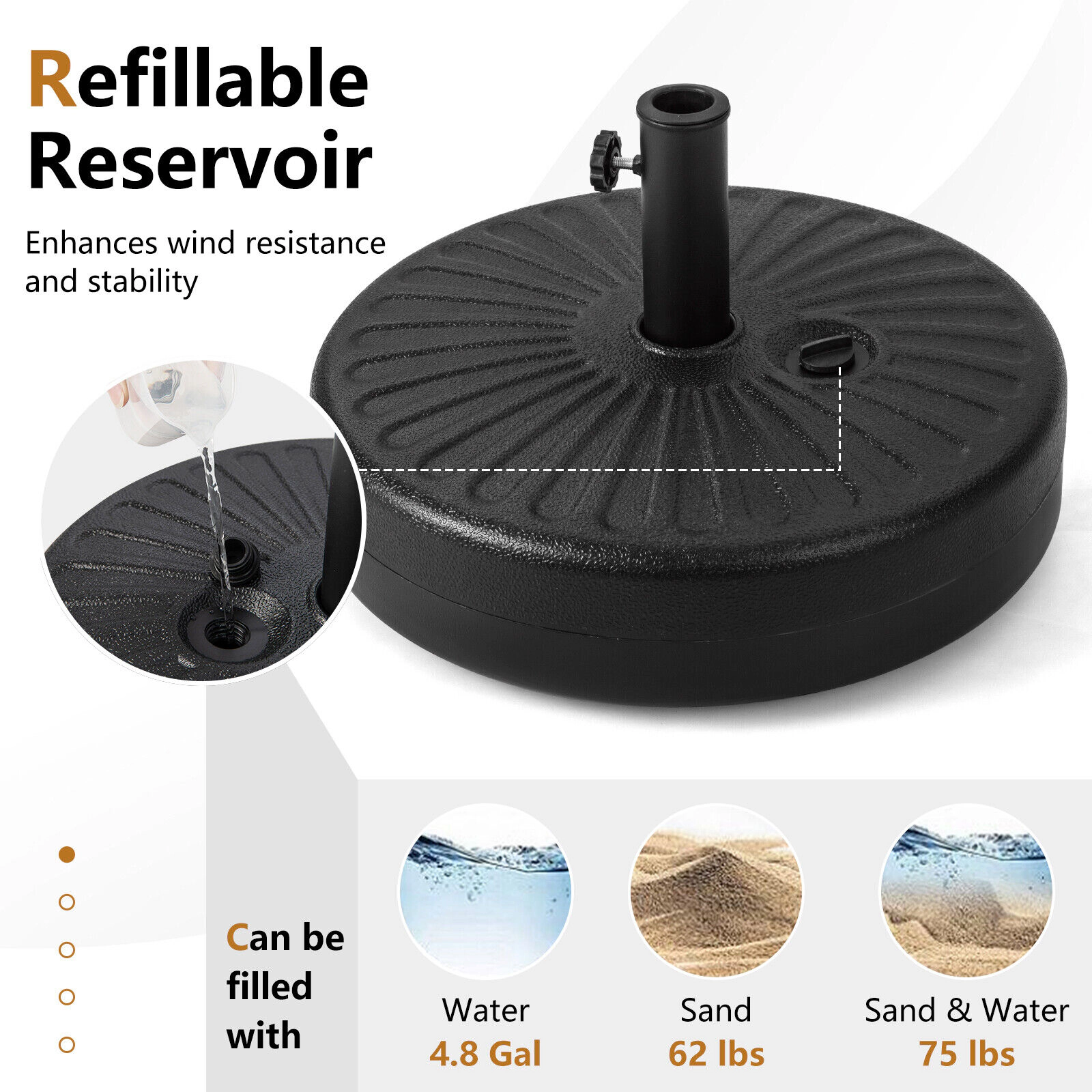 Slickblue Outdoor Umbrella Base 20 Inch Round Fillable Stand for Patio Deck Garden Umbrella Holder