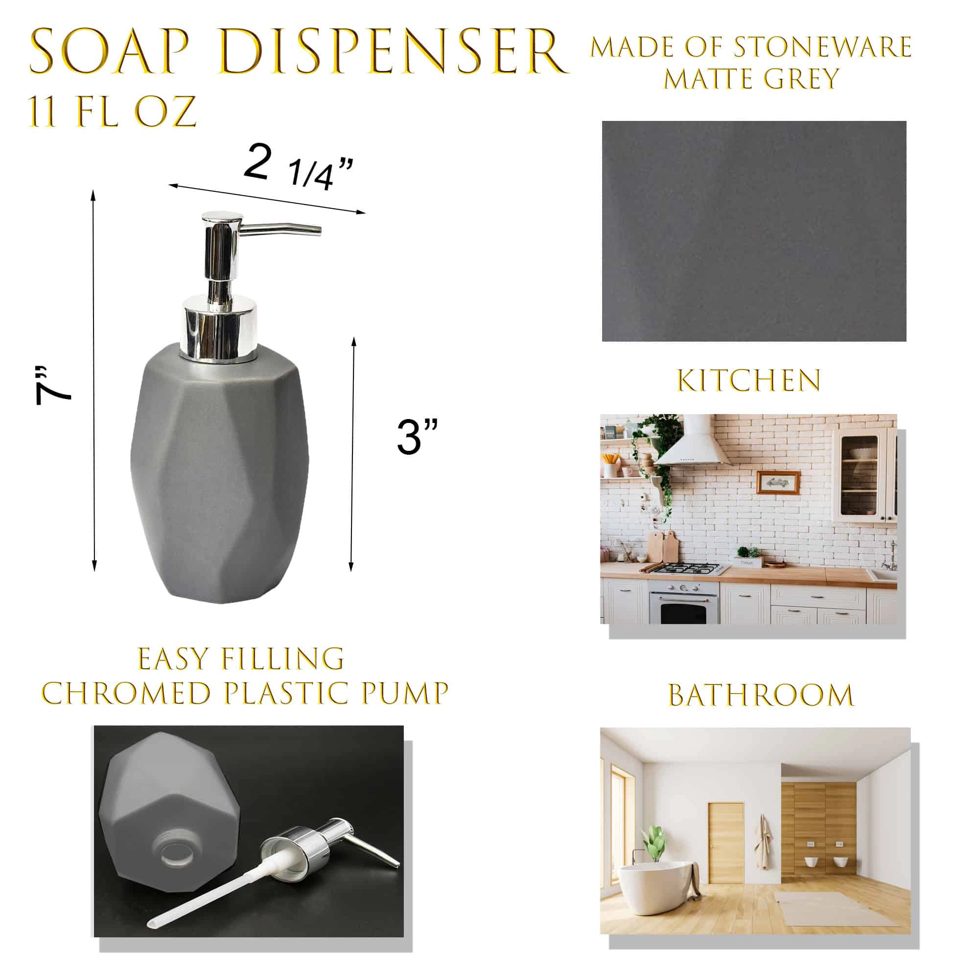 Evideco French Home Goods Diamond Faceted Stoneware Soap Dispenser, Matte Gray