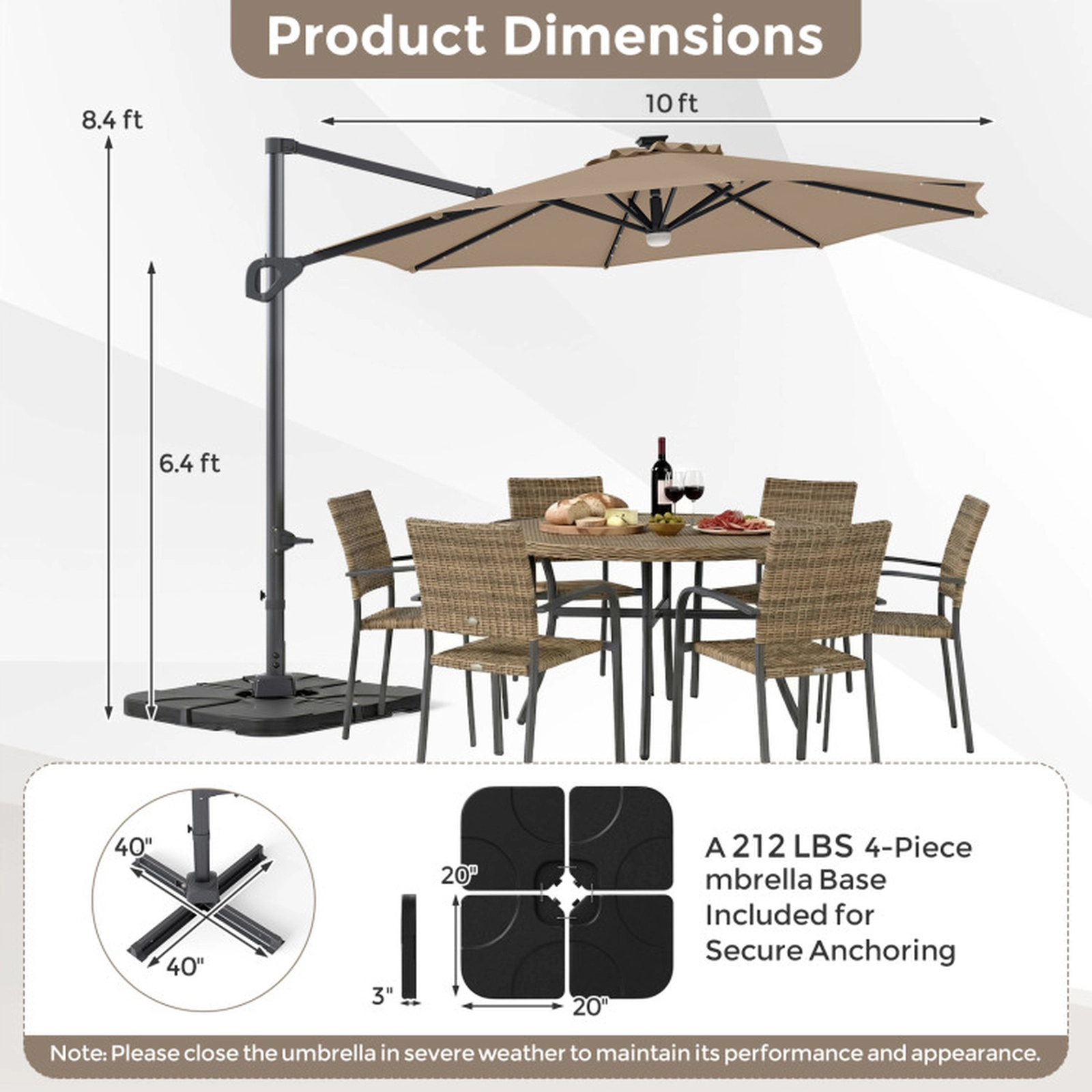 SUGIFT 10-ft Cantilever Patio Umbrella 35 Solar LED Lights & 220-lb Fillable Base Tan/Beige/Navy/Gray/Wine Canopy Black