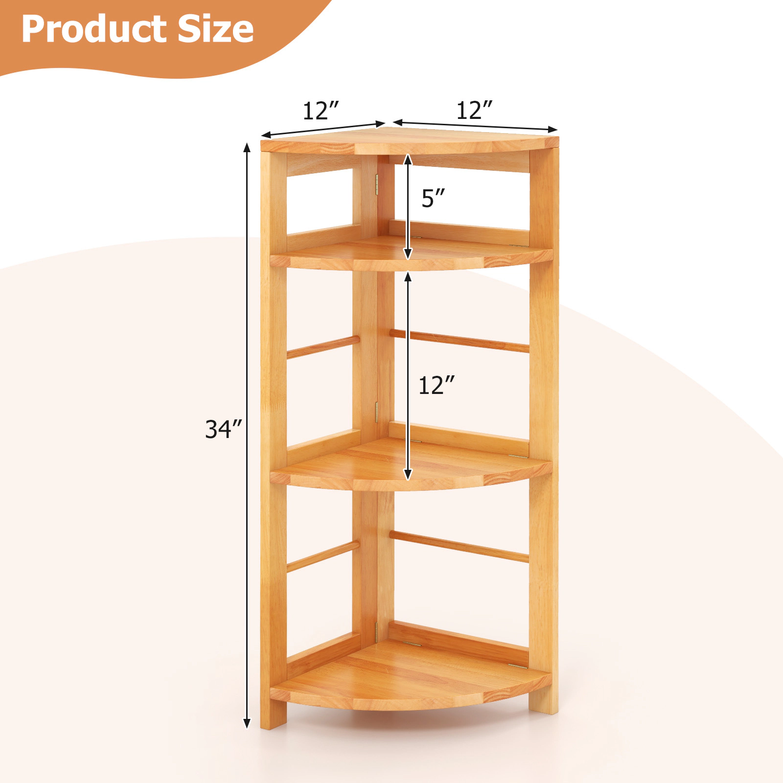 SUGIFT 4-Tier Natural 34-in Rubber Wood Corner Bookshelf Plant Stand Display Rack with Anti-Toppling Kit