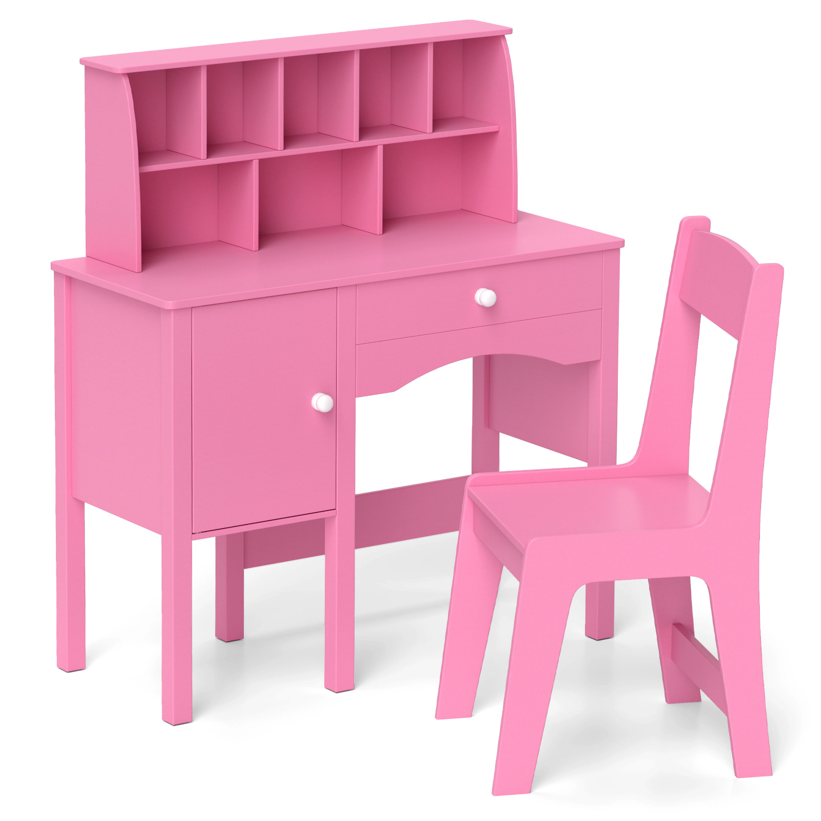 SUGIFT Pink Hutch Side Cabinet and Anti-Toppling Device Kids Study Desk and Chair Set