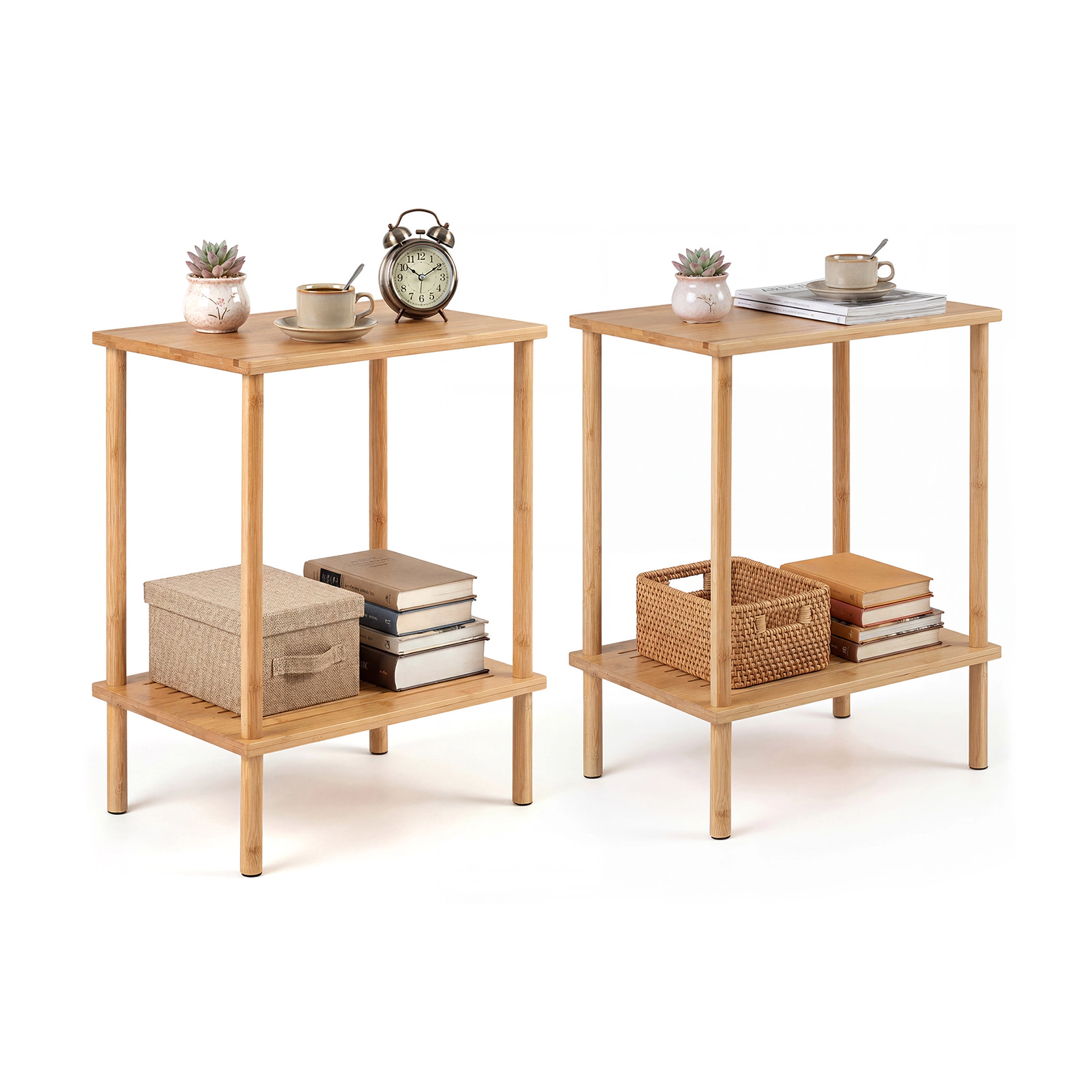 SUGIFT 2-Tier Bamboo Side Table with Storage Shelves 66-lb Capacity Rectangular Tea Sofa End Table Natural