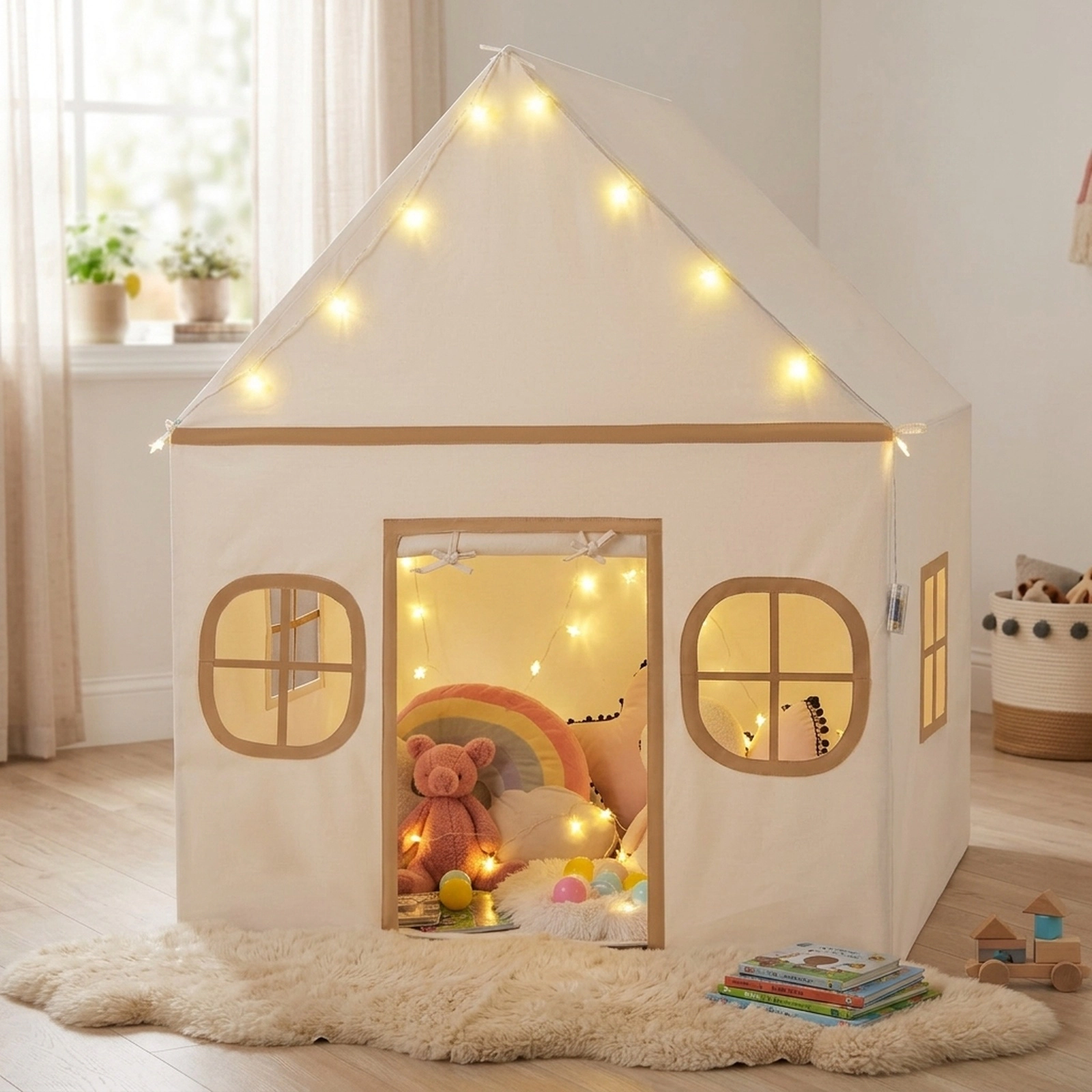 Kids Play Tent Large Indoor Playhouse for 3 Kids with Door Curtain Breathable Windows Star Lights Coffee