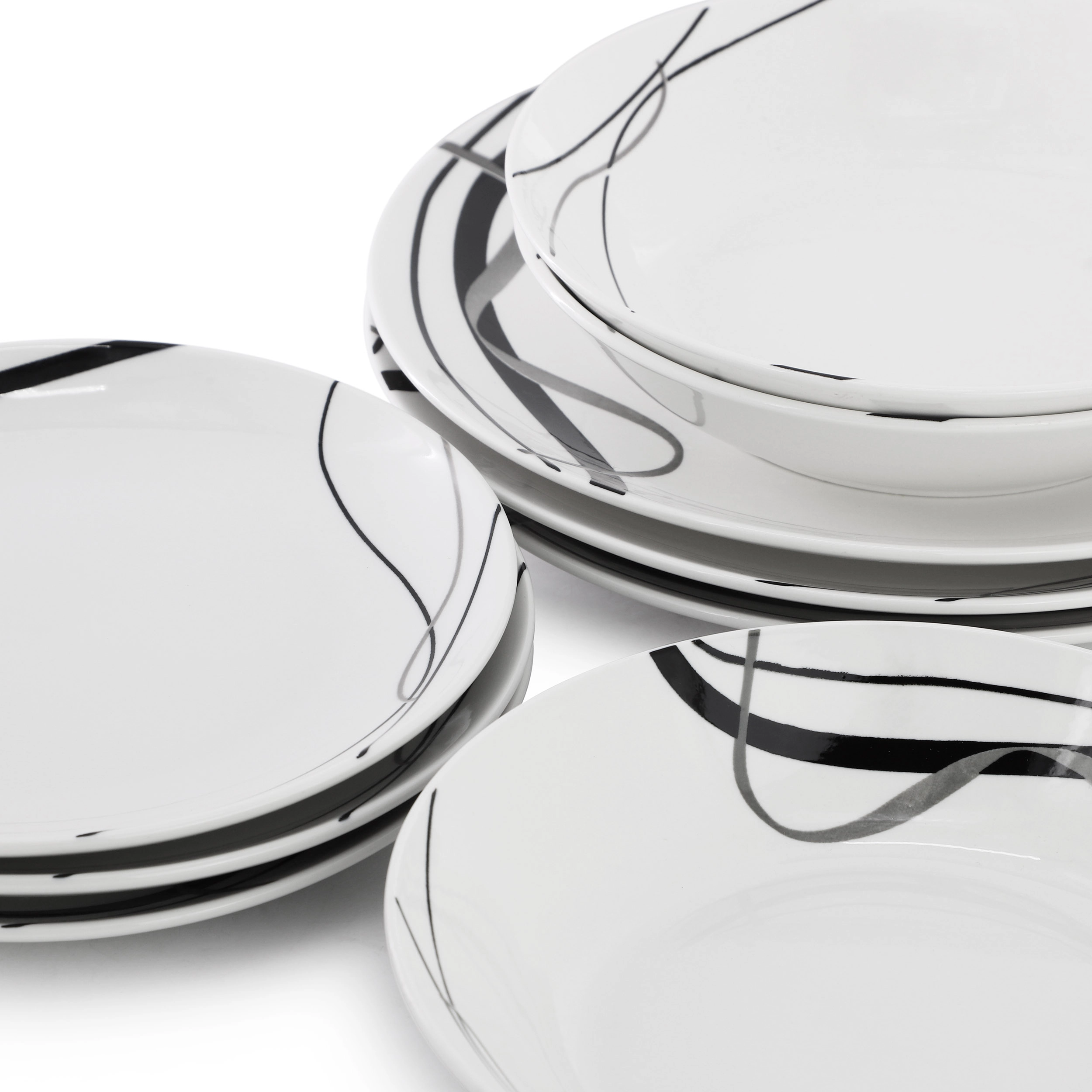 Elama Sarah 24 Piece Porcelain Black Ribbon Double Bowl Dinnerware Set, Service for 6 in White and Black