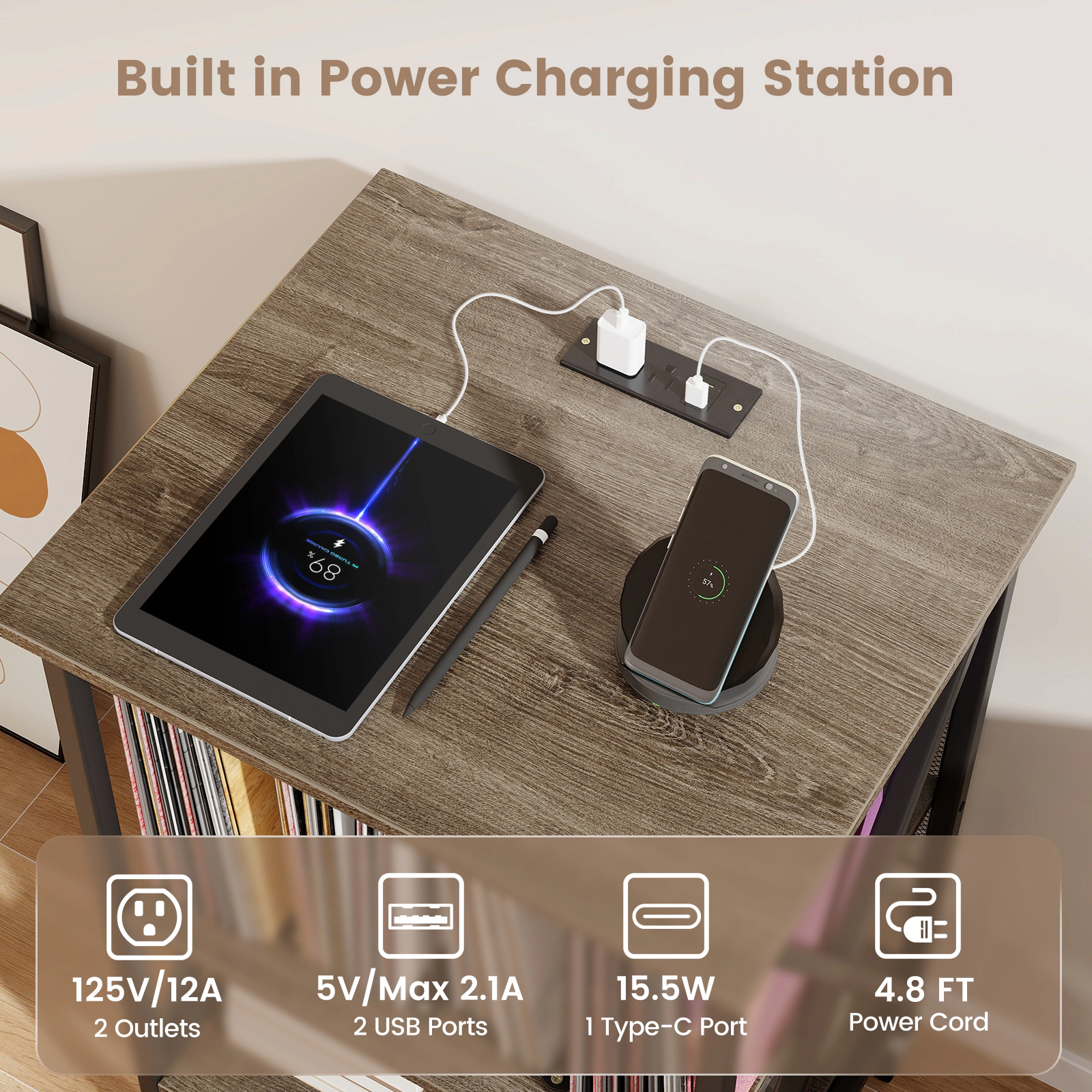 Hivvago Mid-Century Record Player Stand with Built-in Charging Station