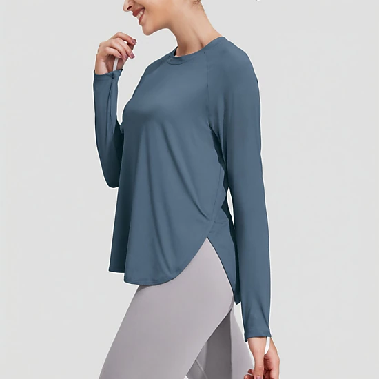 Pinspark Womens Long Sleeve Workout Tops Crew Neck Side Split Loose Casual Tunics
