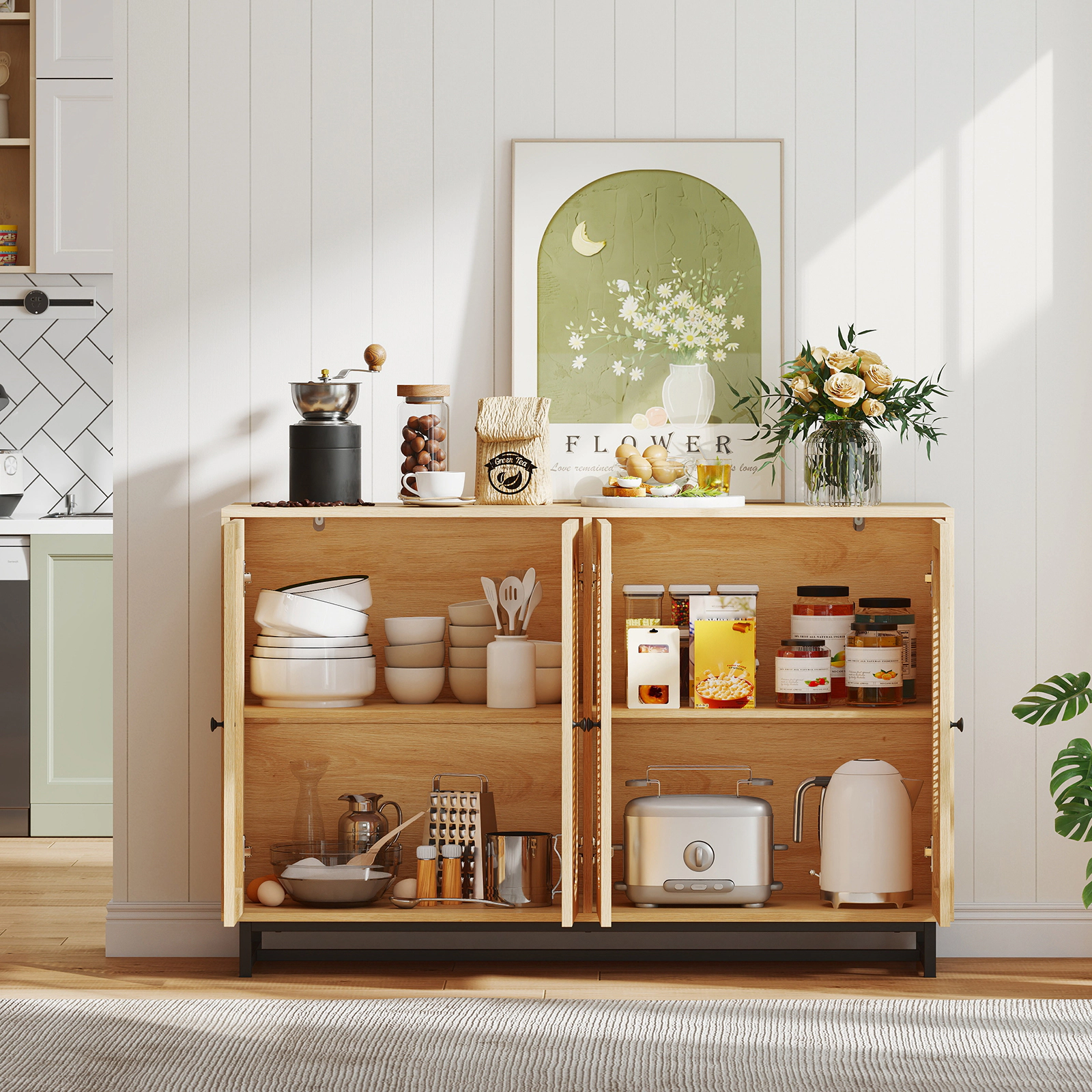 LJG 50 Inch Buffet Sideboard Cabinet with 4 Rattan Doors and Adjustable Shelves