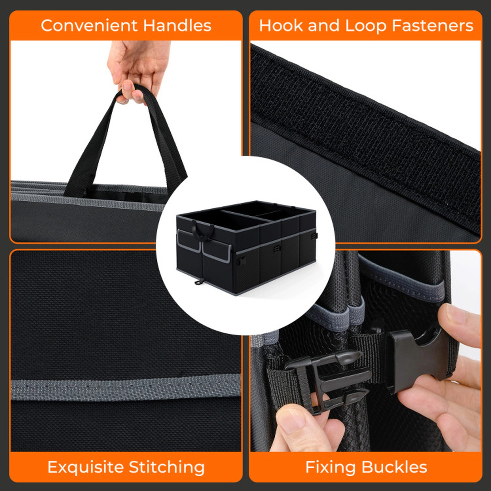 SUGIFT Collapsible 13 Gallon Car Trunk Organizer with Removable Divider 3 Compartments 6 Pockets Black