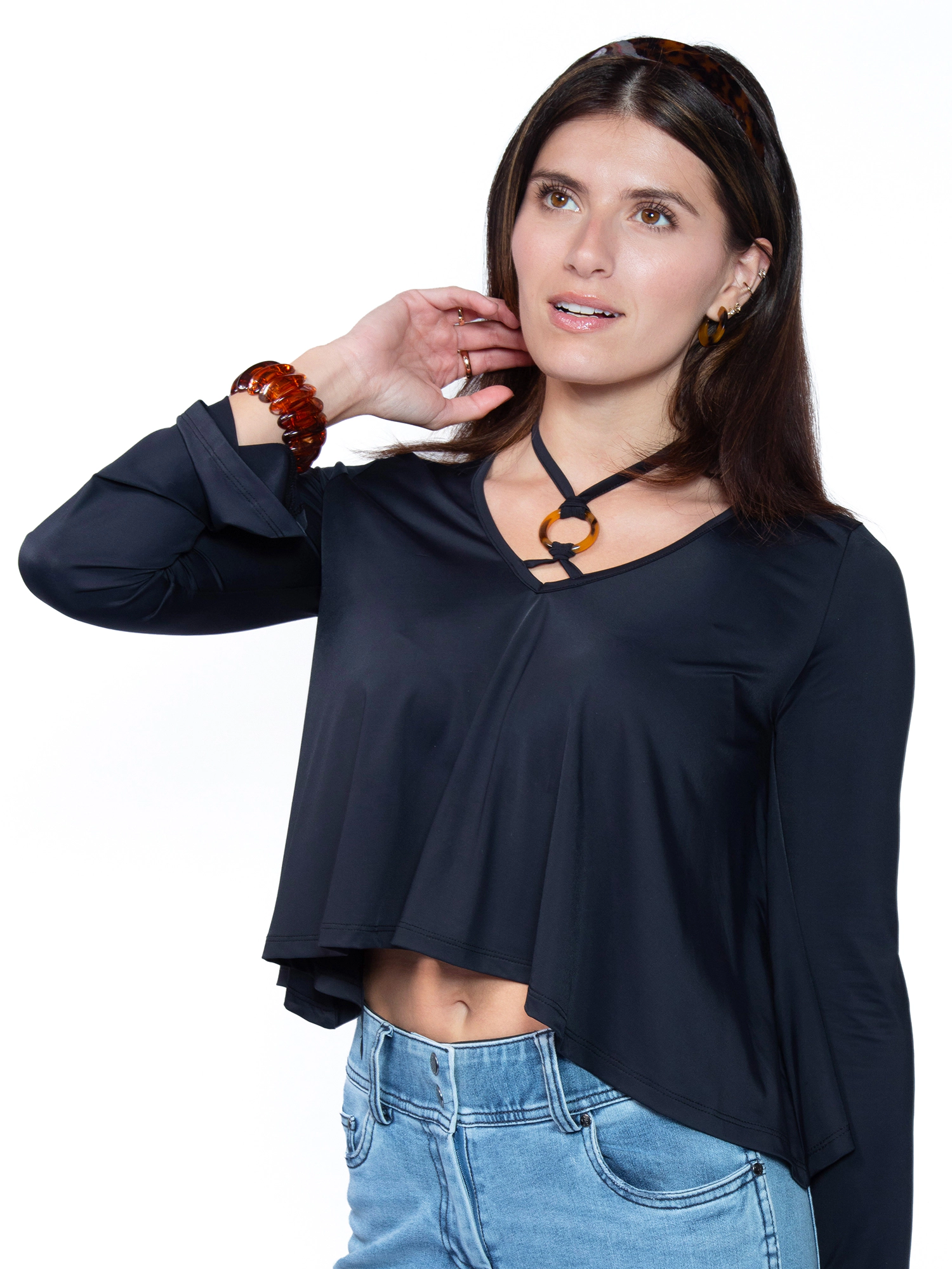 JESS by Meiko Women's Cutout V Neck Halter Long Sleeve Irregular Hem Cropped Top