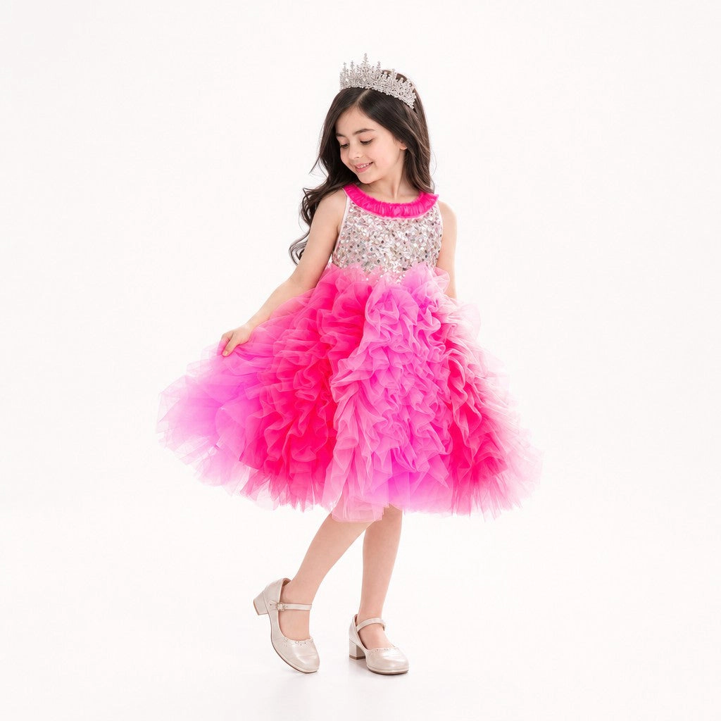 Faeella Girls Princess Rosabelle Pink Ombré Sequin Ruffle Dress