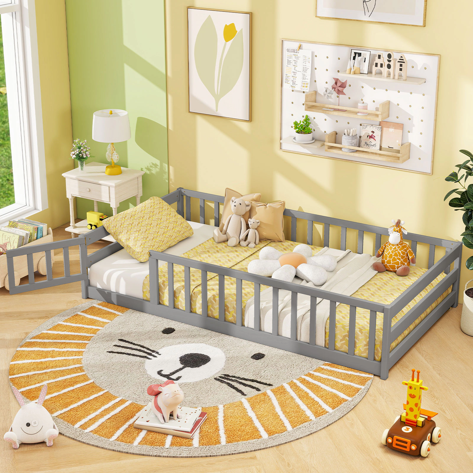 SUGIFT Lockable Door and Full-Length Fence Pine Wood Twin Kids Montessori Floor Bed