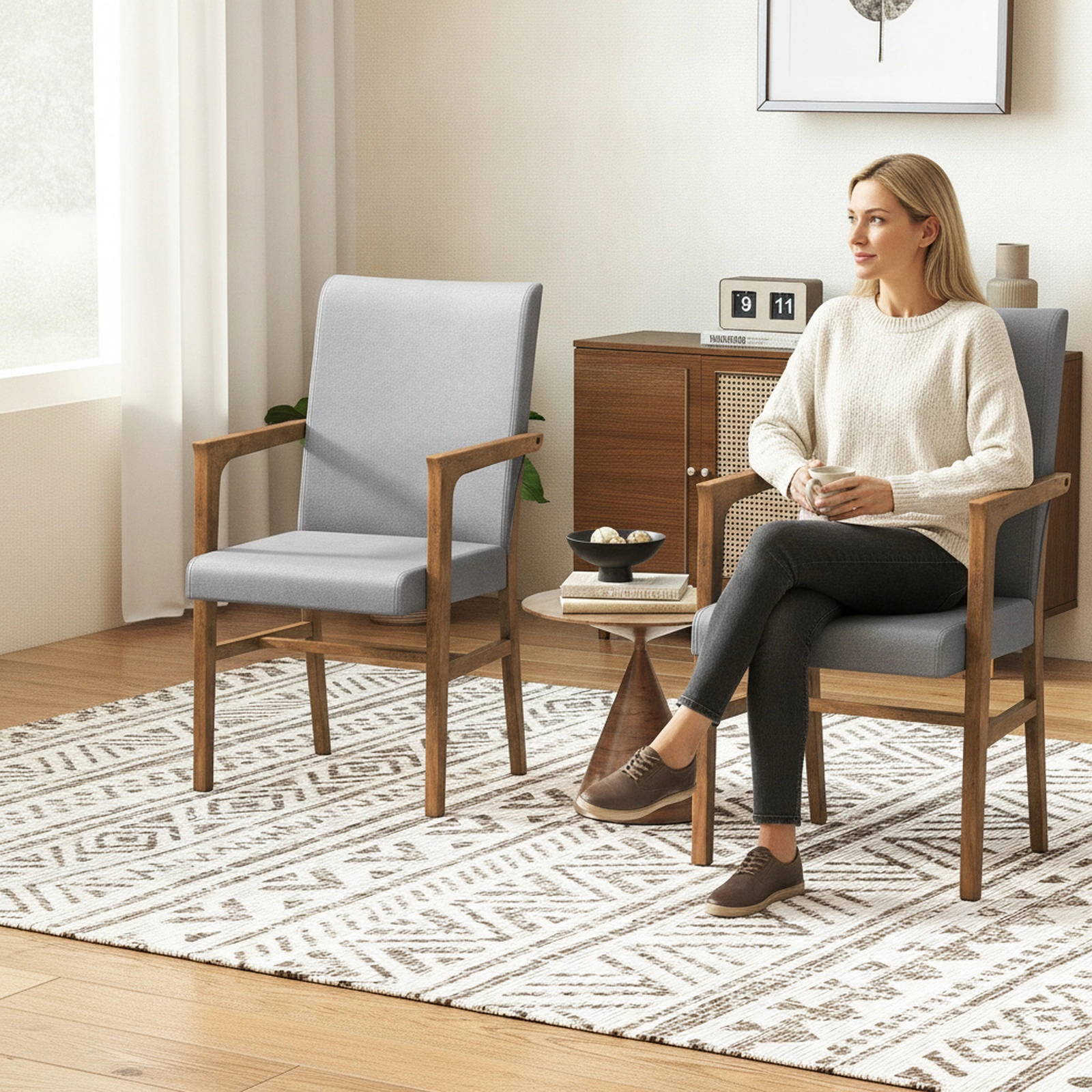 SUGIFT Gray Upholstered Armchairs, Set of 2, High Back, 105-Degree Backrest