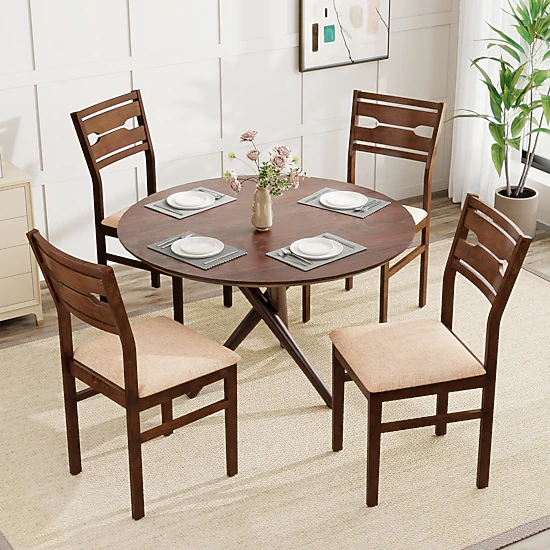 SUGIFT Set of 4 Dining Chairs, Rubber Wood Frame, Padded Polyester Seat, Curved Back, Deep Brown