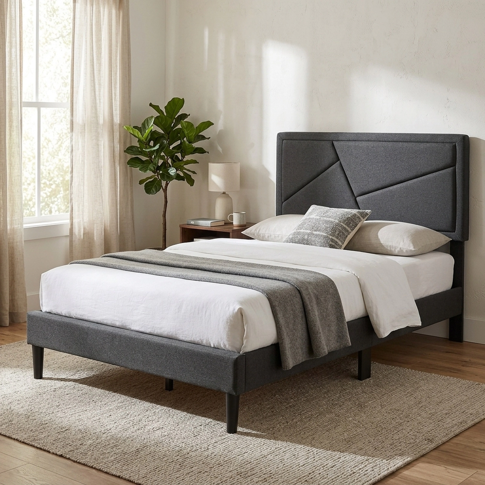 SUGIFT Twin Upholstered Platform Bed, Gray Faux Linen, 44-Inch Headboard