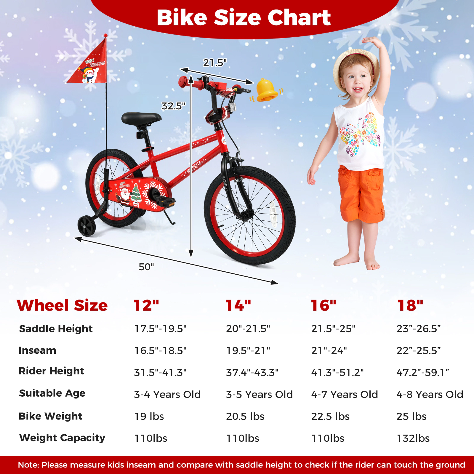 LJG Kids Bike Adjustable with Christmas Music & Flag