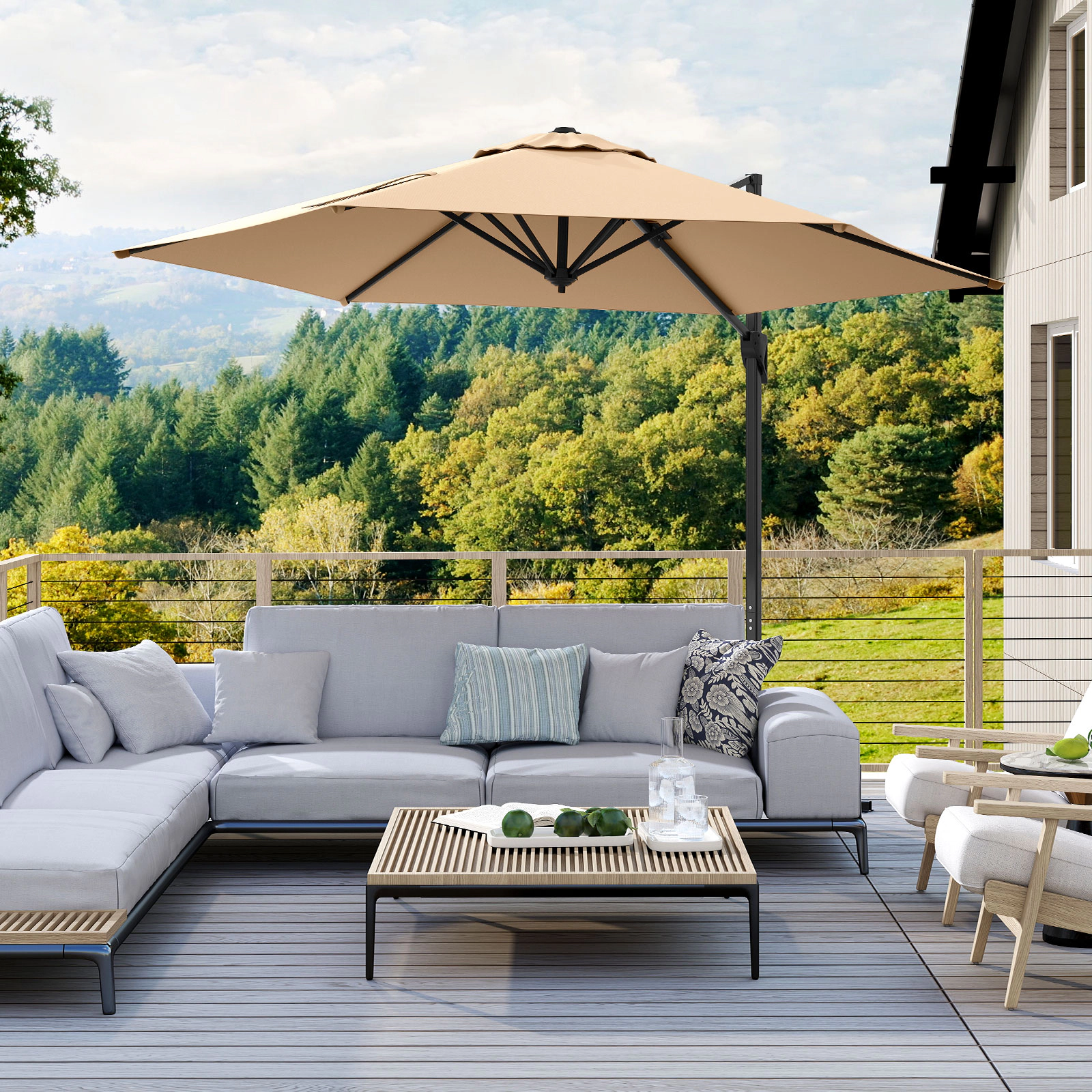 SUGIFT Beige 9 ft Cantilever Patio Umbrella with Vented Top and Handle Opening