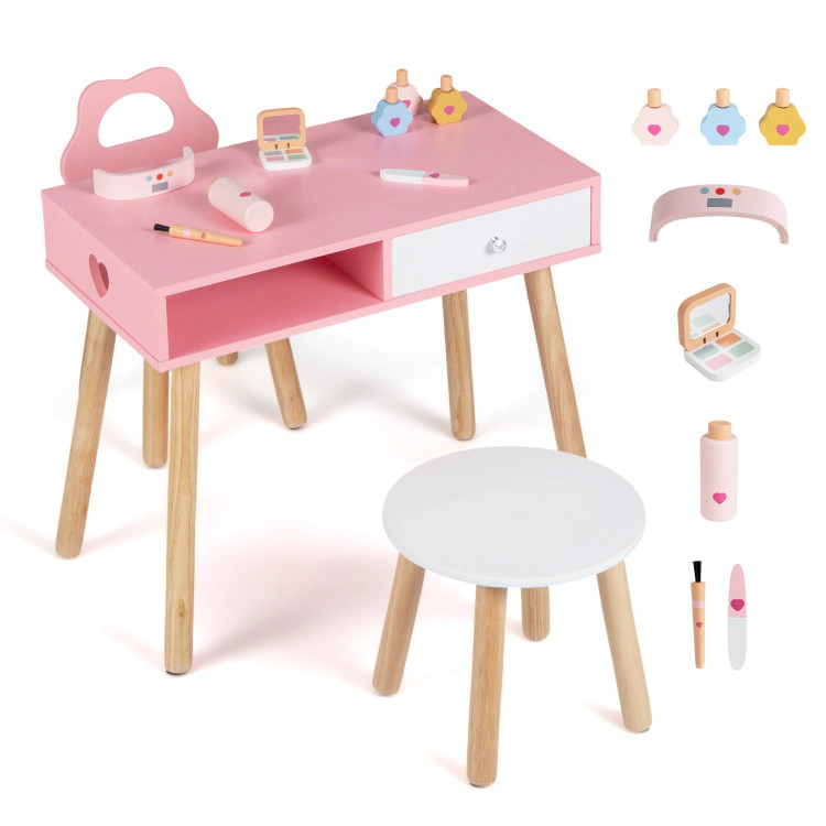 Hivvago Kids Pretend Nail Salon Playset With Chair And Stool Wooden Toddlers Makeup And Manicure Kit With Eye Shadow