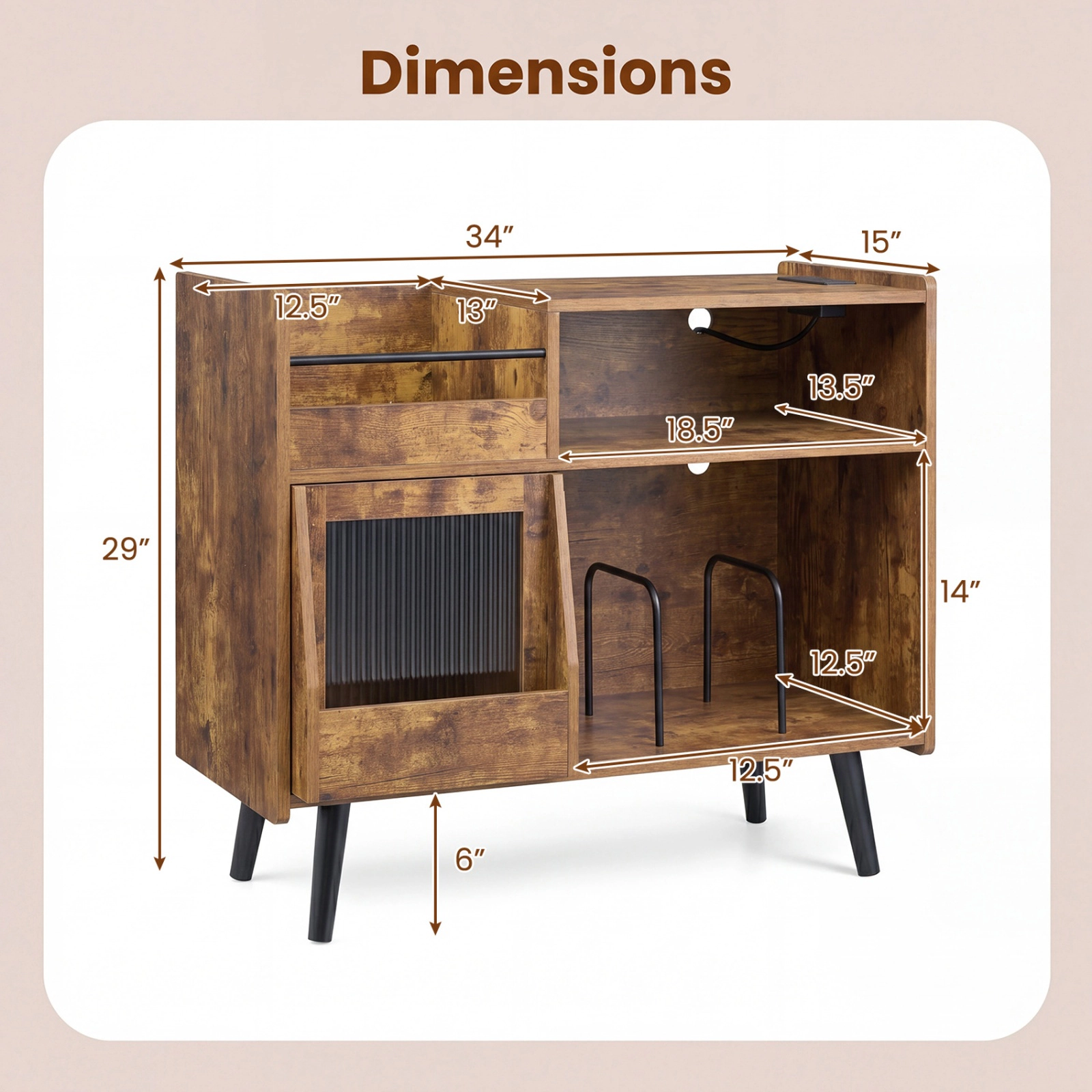SUGIFT 34-Inch Record Player Stand with LED Lights, Sliding Glass Door, and Vinyl Storage Cabinet