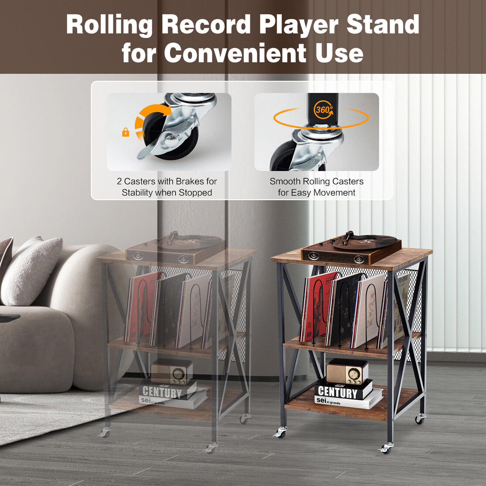 Glintex Rolling 3-Tier Vinyl Record Stand with 3 Dividers and Lockable Casters, Brown