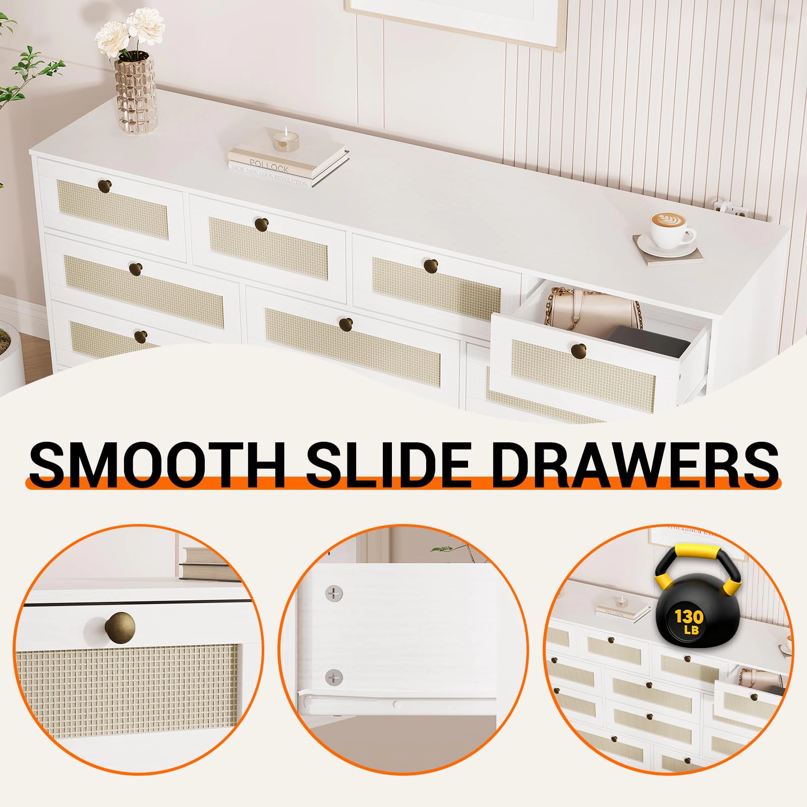 12 Drawer Wooden Dresser, 61" Wide Chest of Drawers, Modern TV Stand for 65" TV & Storage Organizer