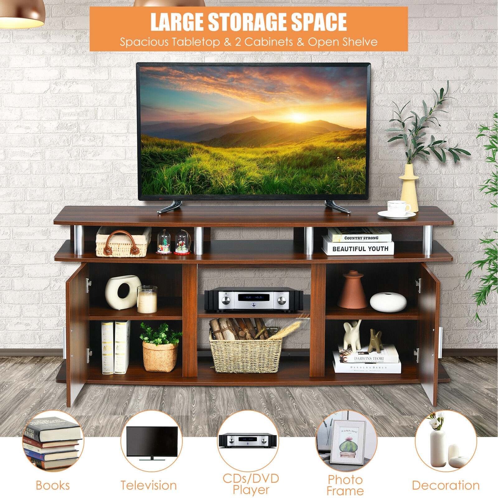 Glintex 63-Inch TV Console with Aluminum Tube Frame and Fireplace Bay, Walnut