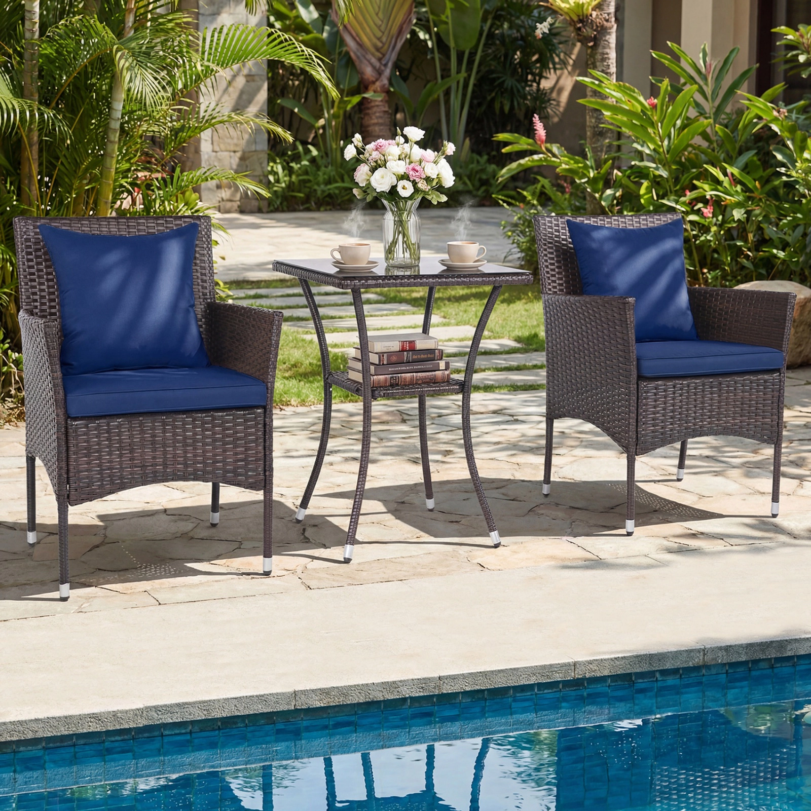 SUGIFT 3-Piece Navy Outdoor Wicker Bistro Set with Cushioned Chairs and 2-Tier Glass Table