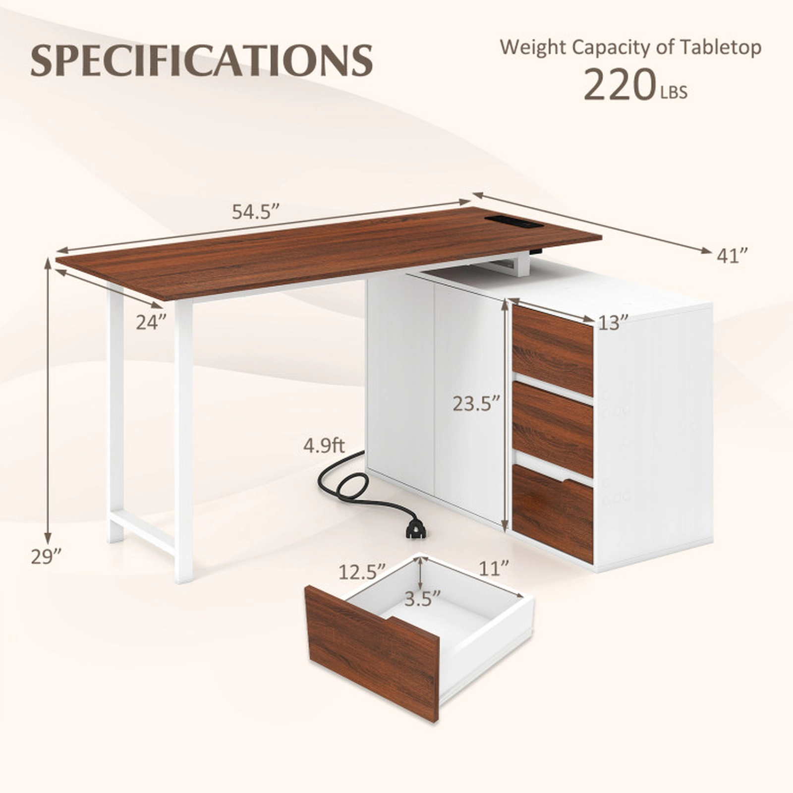 SUGIFT Reversible L-Shaped Computer Desk with File Cabinet and Power Outlet 220-lb Tabletop Capacity Brown & White