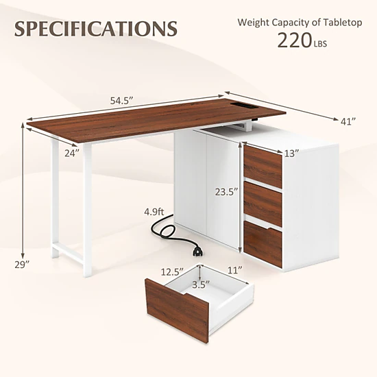 SUGIFT Reversible L-Shaped Computer Desk with File Cabinet and Power Outlet 220-lb Tabletop Capacity Brown & White