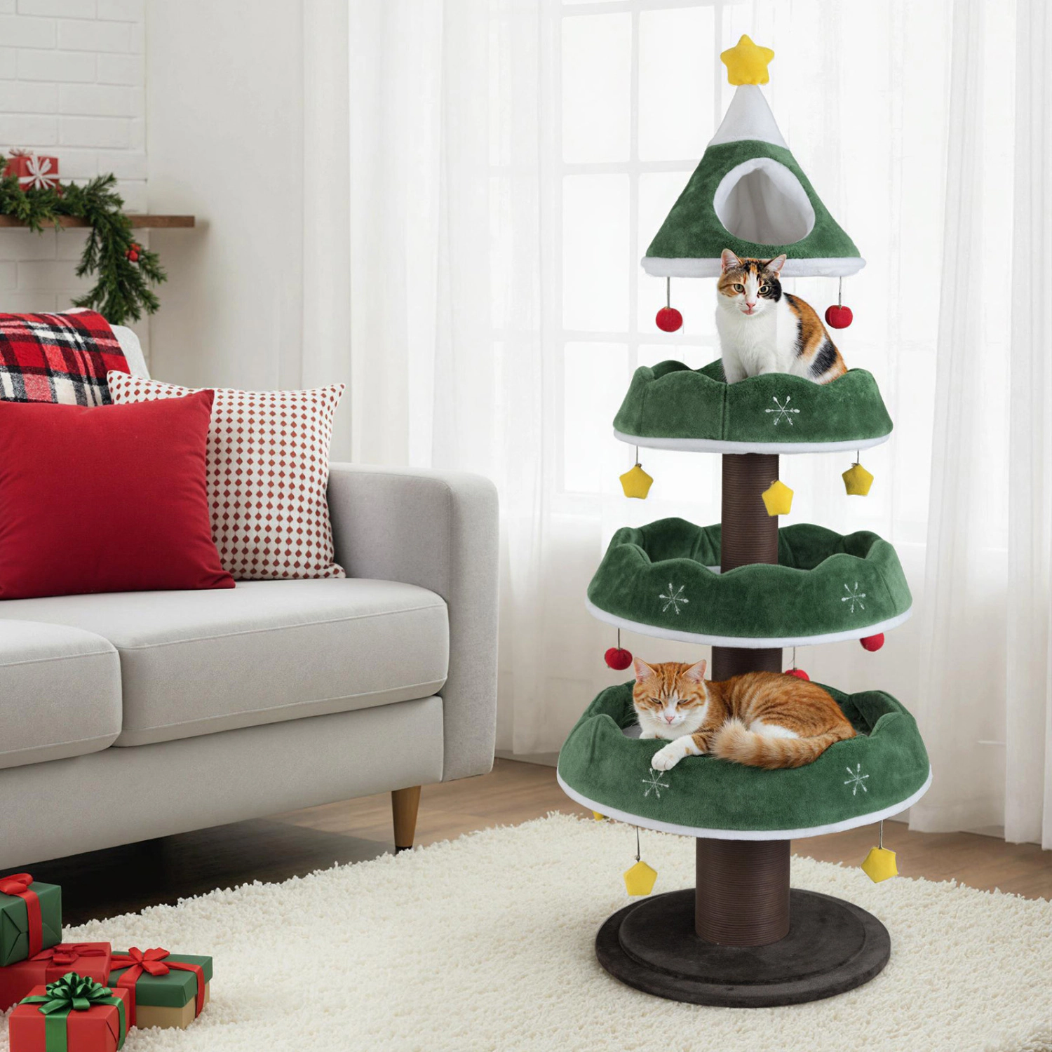 LJG Multi-level Christmas Cat Tree with 3 Platforms & Upholstered Top Perch