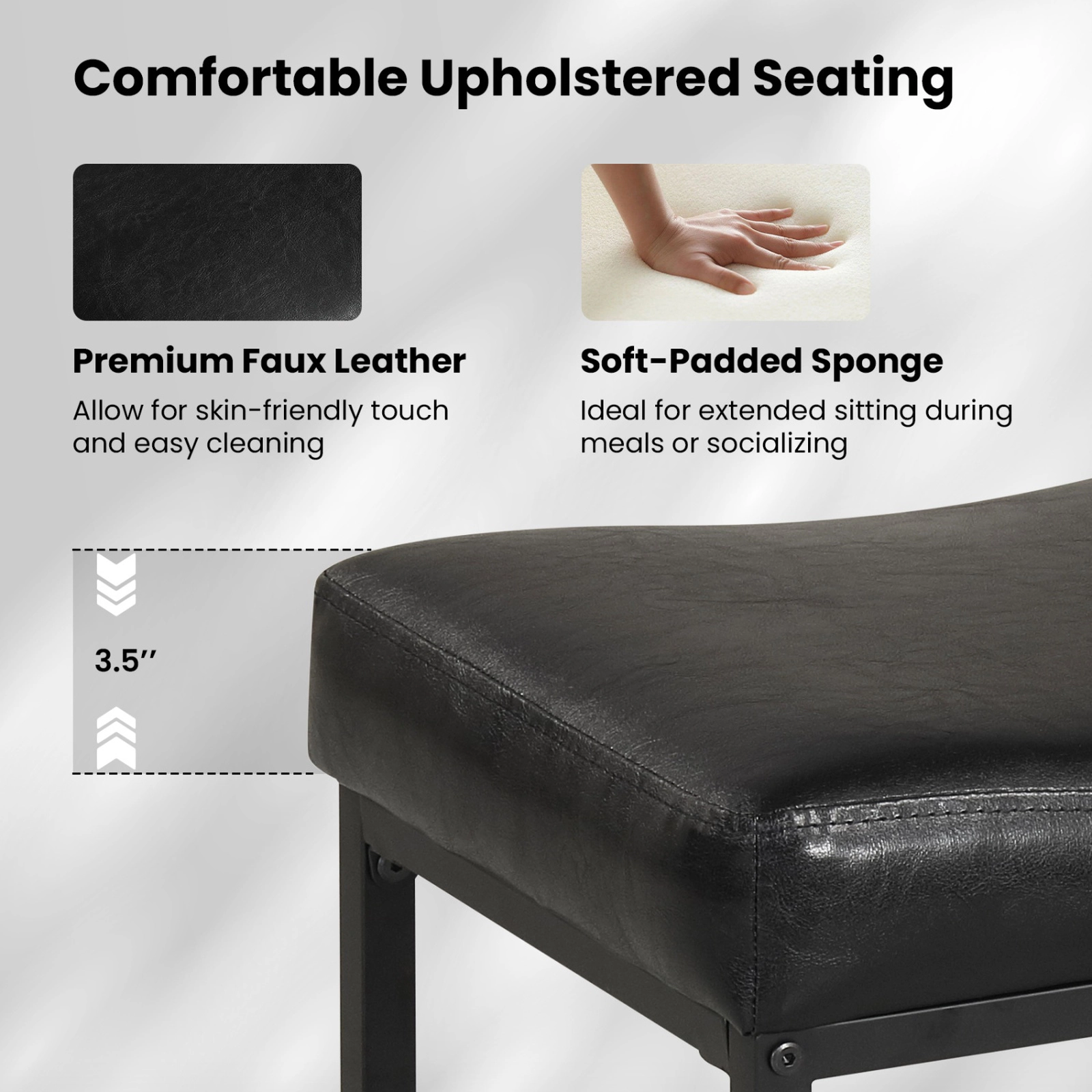 SUGIFT Set of 2 Black Faux Leather Saddle Bar Stools, 25 in Counter Height, 400 lb Capacity