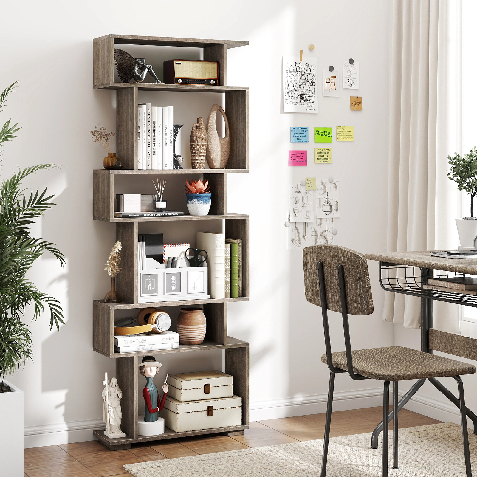 SUGIFT 6-Tier Geometric Bookshelf 64-in Tall with 11-lb Shelf and 22-lb Bottom Capacity with 2 Anti-Tipping Kits Oak