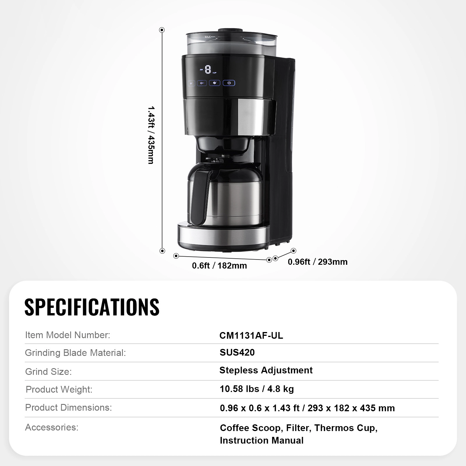 HONGGE Coffee Maker with Grinder, Grind and Brew for Home Office Restaurant