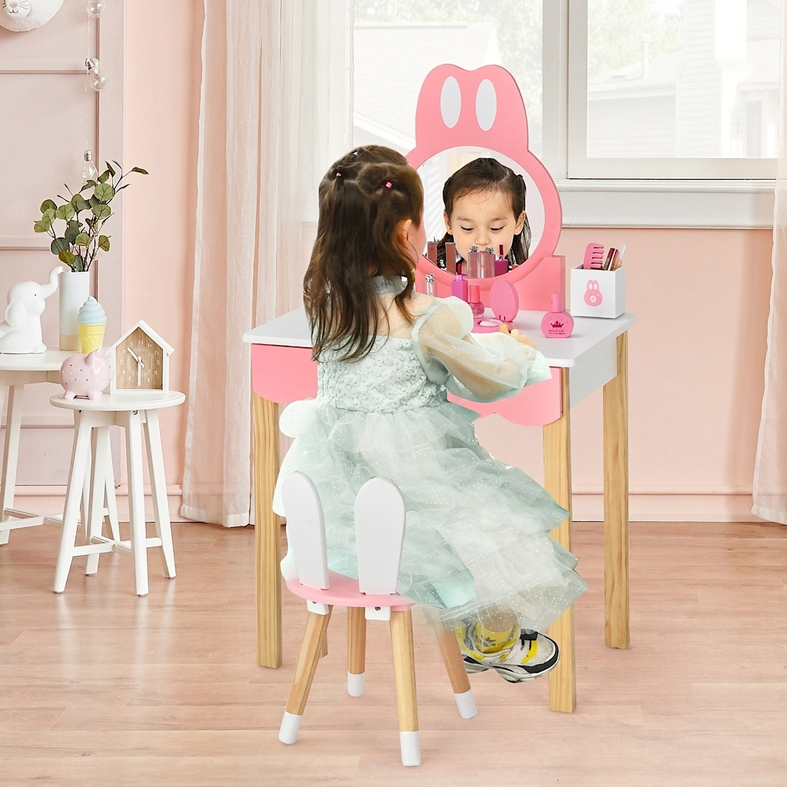 SUGIFT Kids Rabbit Mirror Removable Top Drawer Vanity Table and Chair Set 23.5-in x 13.5-in x 40.5-in 44-lb White