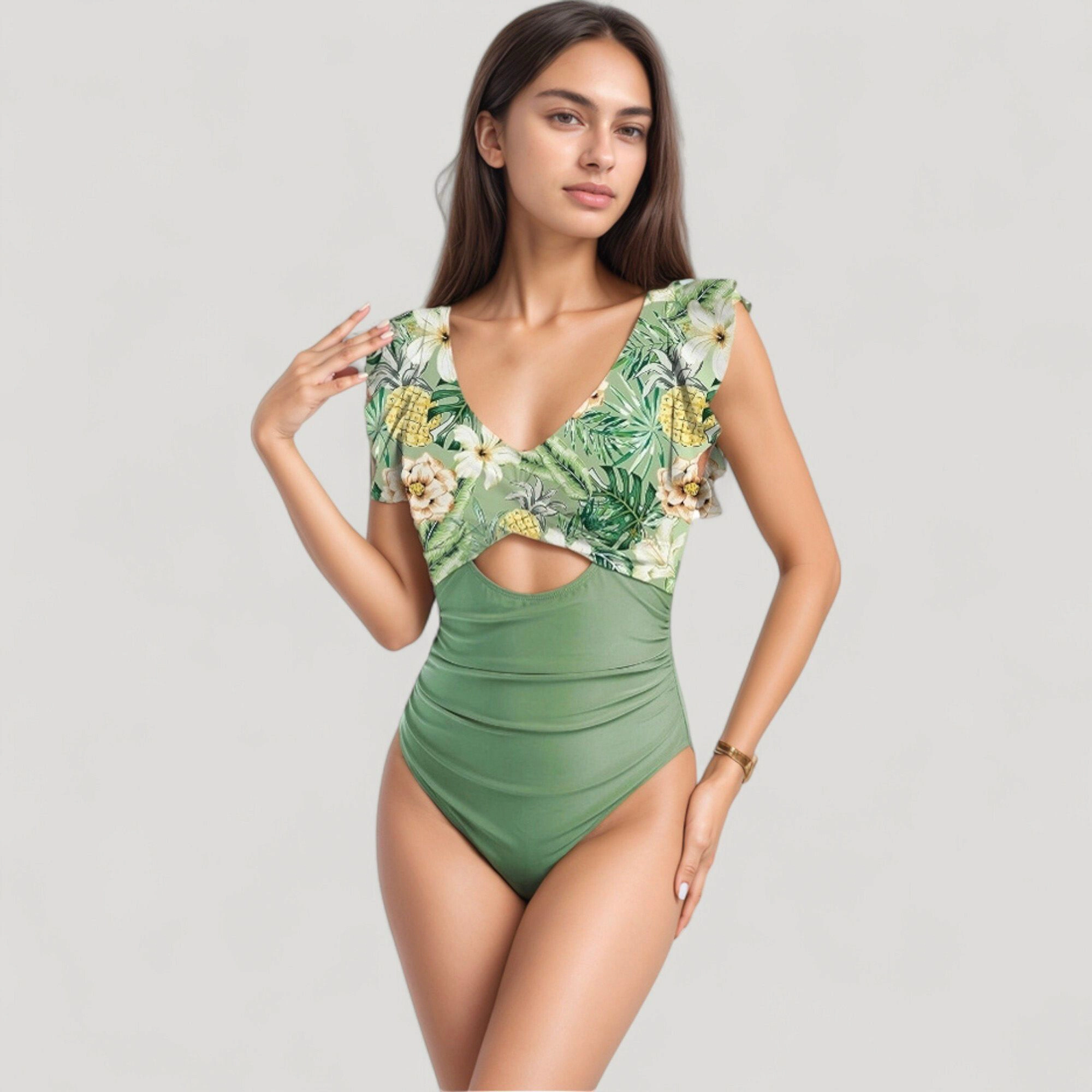 Anna-Kaci Women's Ruffle Sleeve One-Piece Swimsuit Cut Out Front Detail Ruched Waist Deep V Neckline
